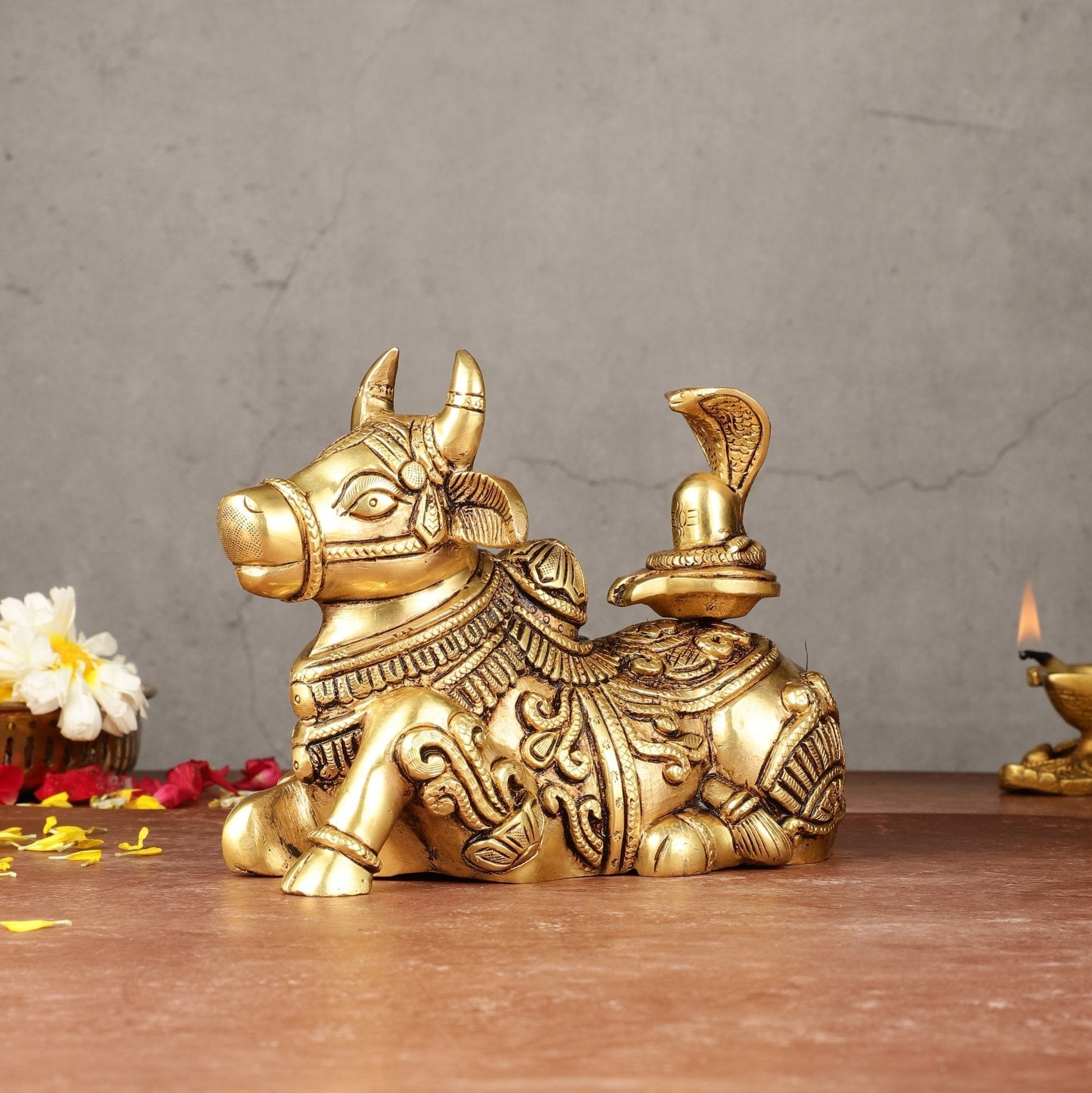 Brass Superfine Nandi with Shiv Ling Idol 8" - Sama Homes Idol - Brass Sculpture - Eco-friendly - Sama Homes