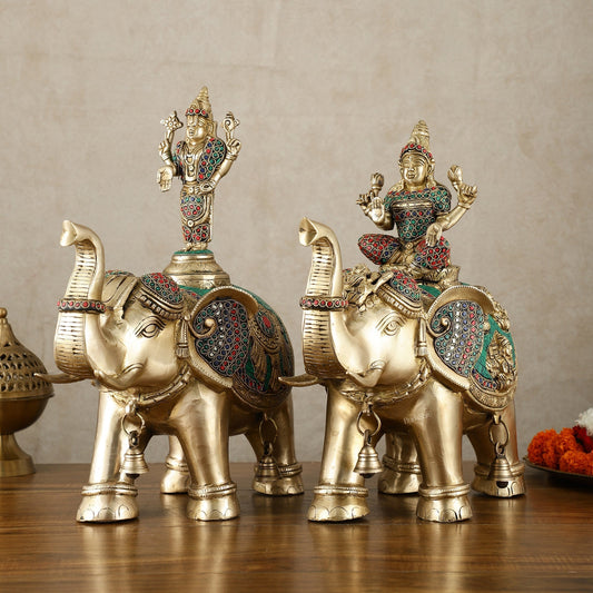 Brass Superfine Pair of Elephants with Goddess Lakshmi and Lord Tirupati Balaji Engravings - 15 Inch - Sama Homes Idol - Brass Sculpture