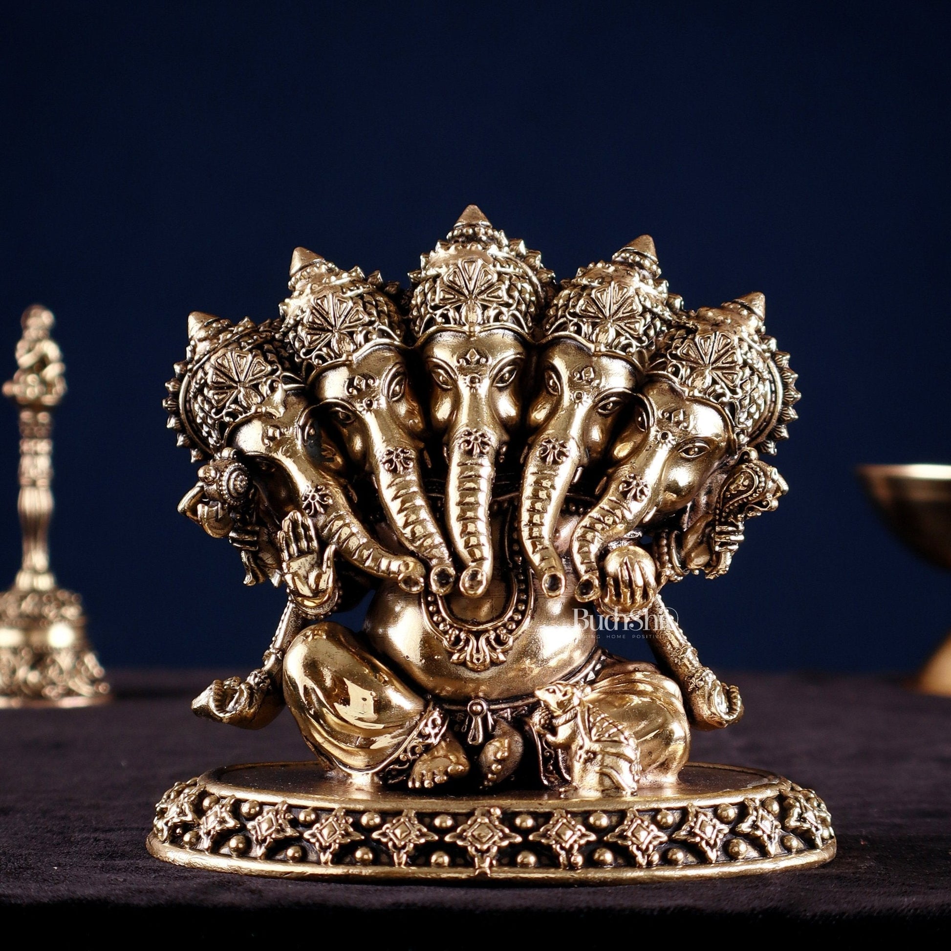 Brass Superfine Panchmukhi Ganesha Idol – Five-Headed Ganesha, 4.2" - Sama Homes Idol - Brass Sculpture - Eco-friendly - Sama Homes