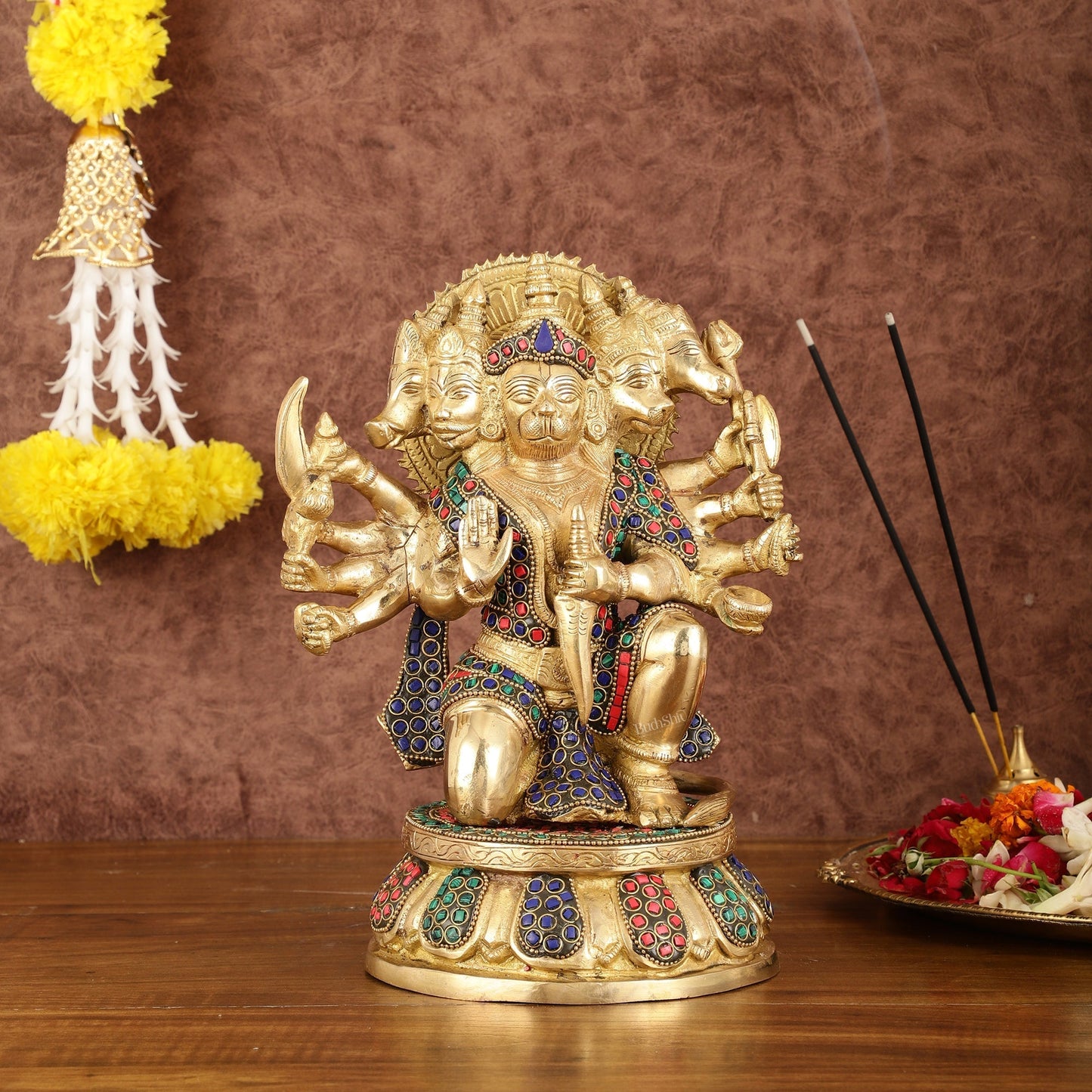 Brass Superfine Panchmukhi Hanuman with Stonework - 10" - Sama Homes Idol - Brass Sculpture