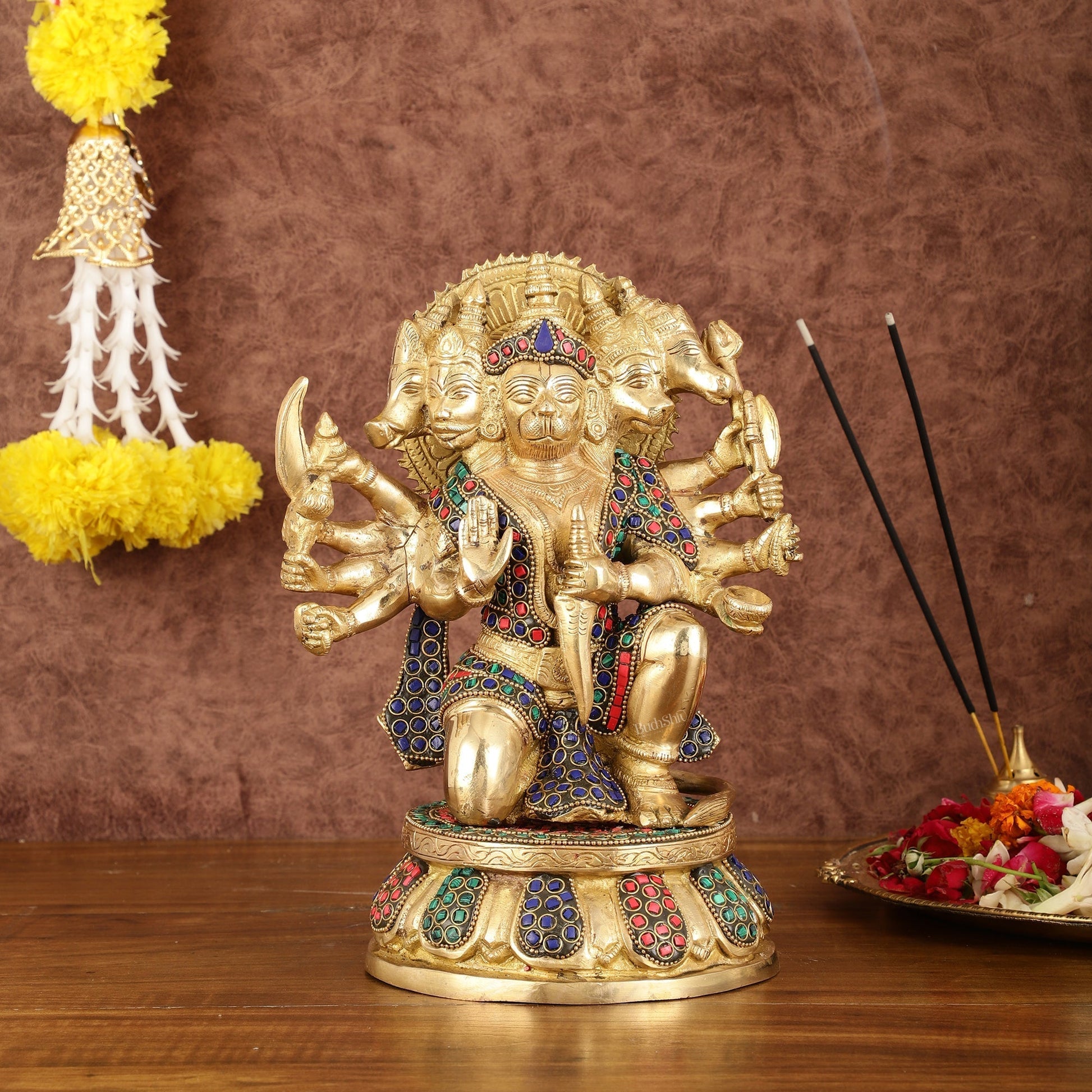 Brass Superfine Panchmukhi Hanuman with Stonework - 10" - Sama Homes Idol - Brass Sculpture - Eco-friendly - Sama Homes