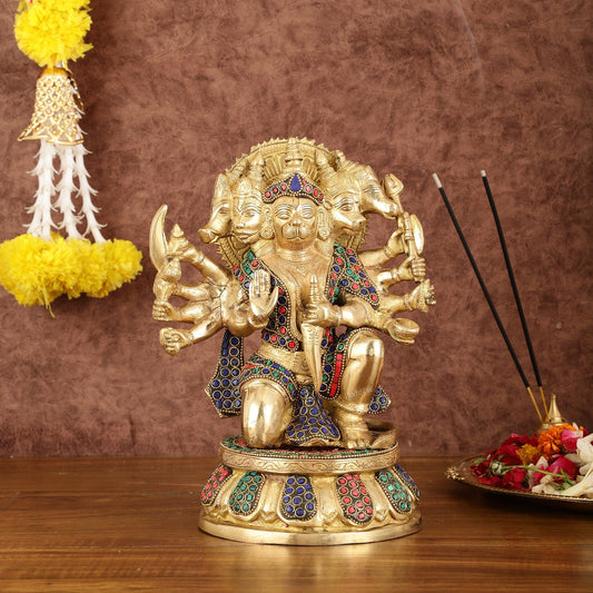 Brass Superfine Panchmukhi Hanuman with Stonework - 10" - Sama Homes Idol - Brass Sculpture
