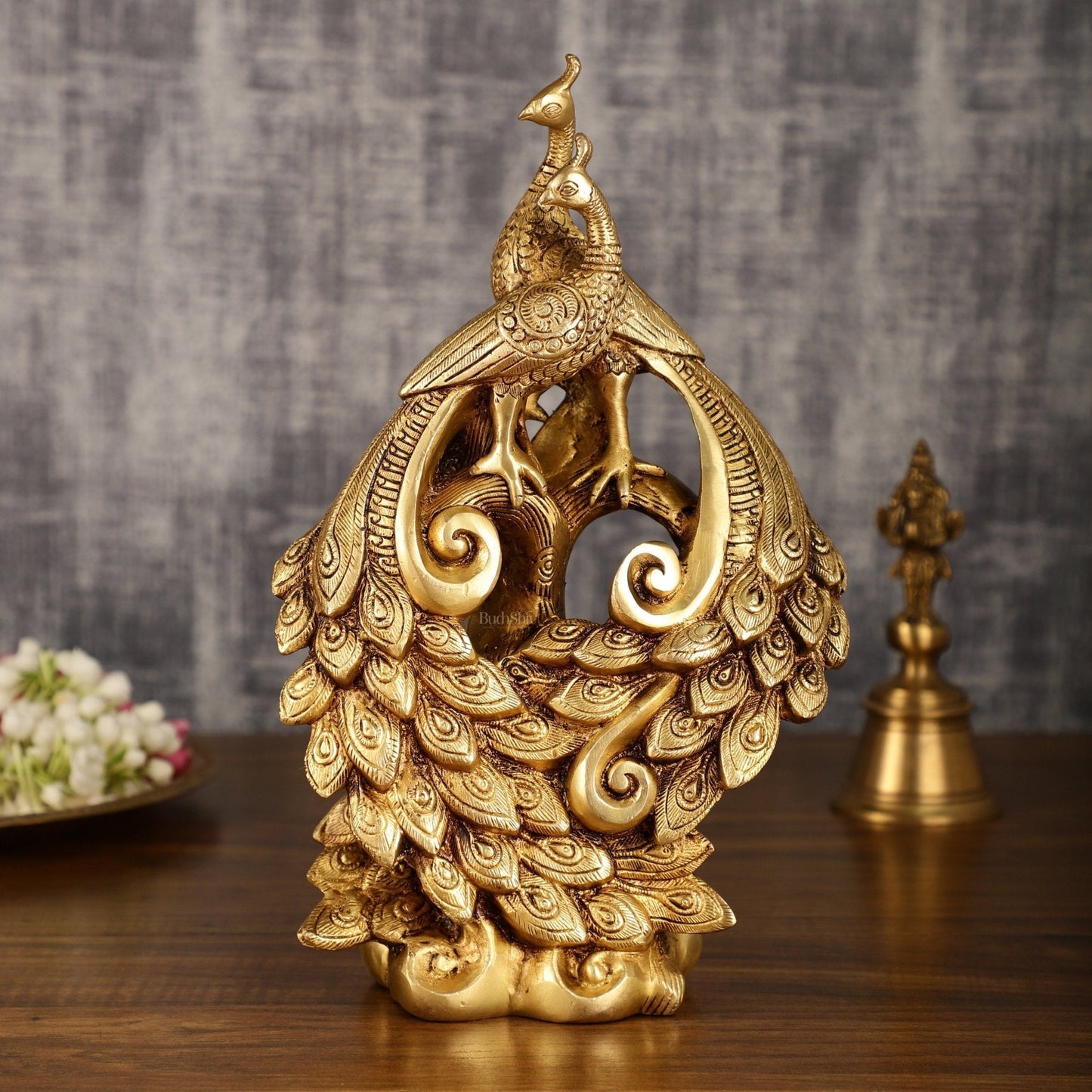 Brass Superfine Peacock Pair Sitting on Tree Trunk | 12 Inch Height | 4 KG - Sama Homes Idol - Brass Sculpture