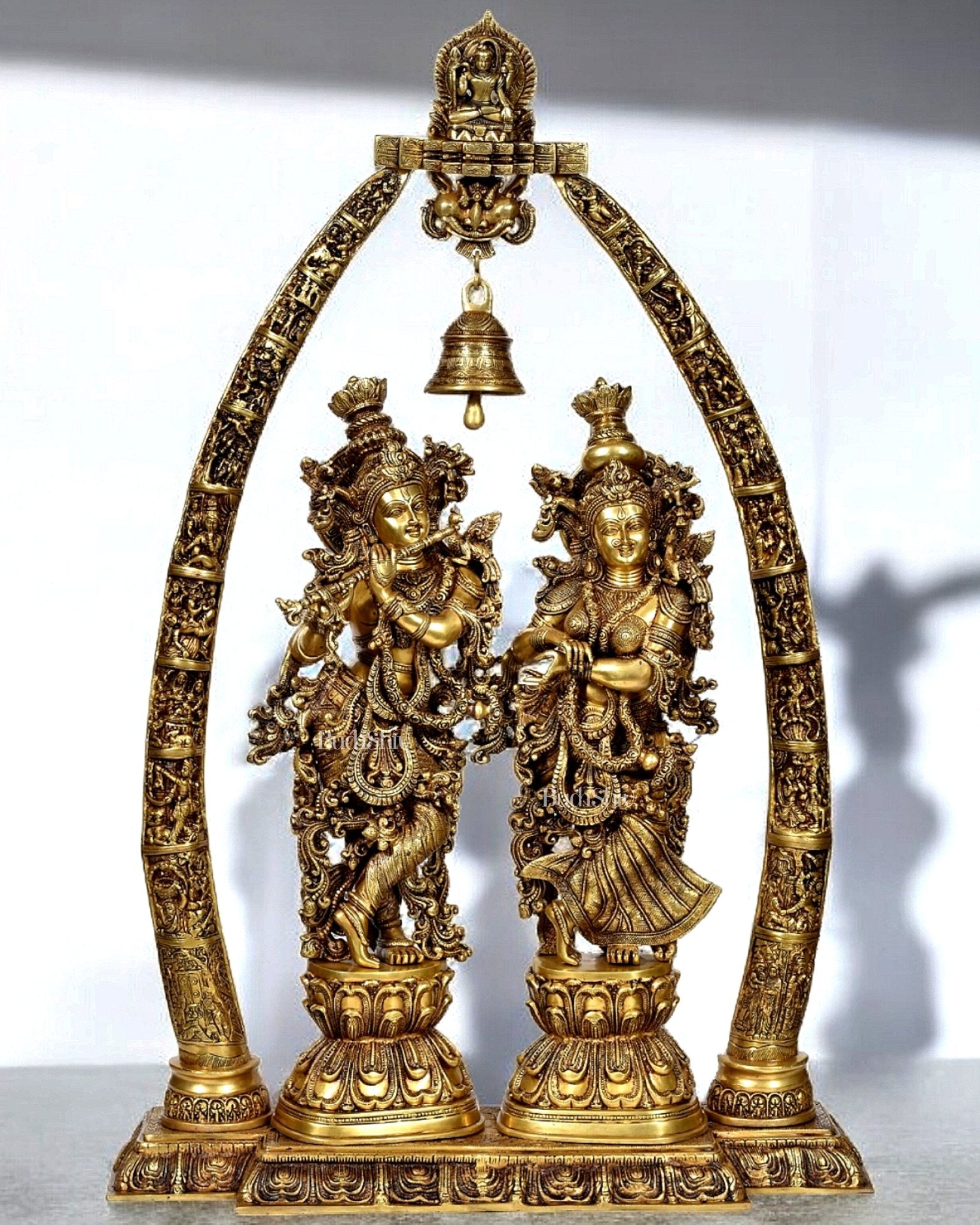 Brass Superfine Radha Krishna Idols with Engraved Pillars 45 inch - Sama Homes Idol - Brass Sculpture - Eco-friendly - Sama Homes