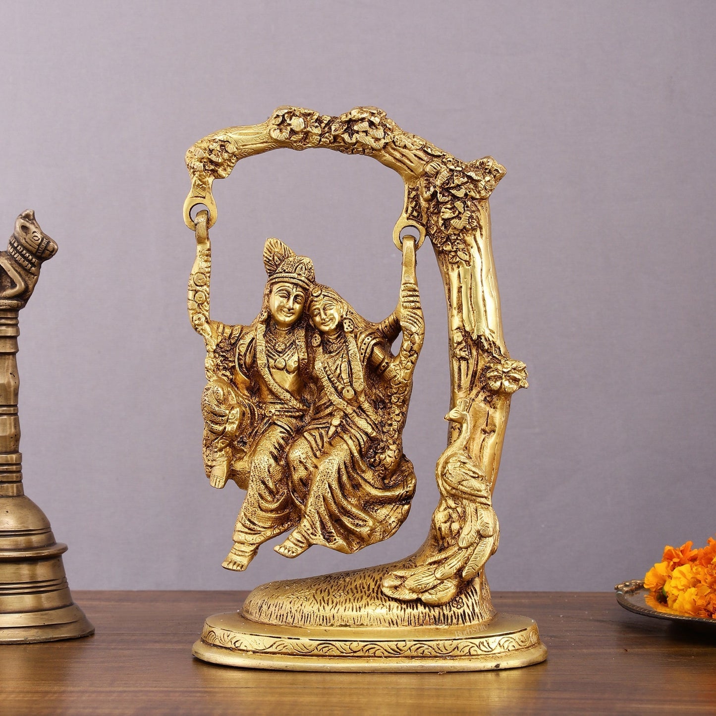 Brass Superfine Radha Krishna Swing Hanging Statue - 10.5" Realistic Depiction - Sama Homes Idol - Brass Sculpture