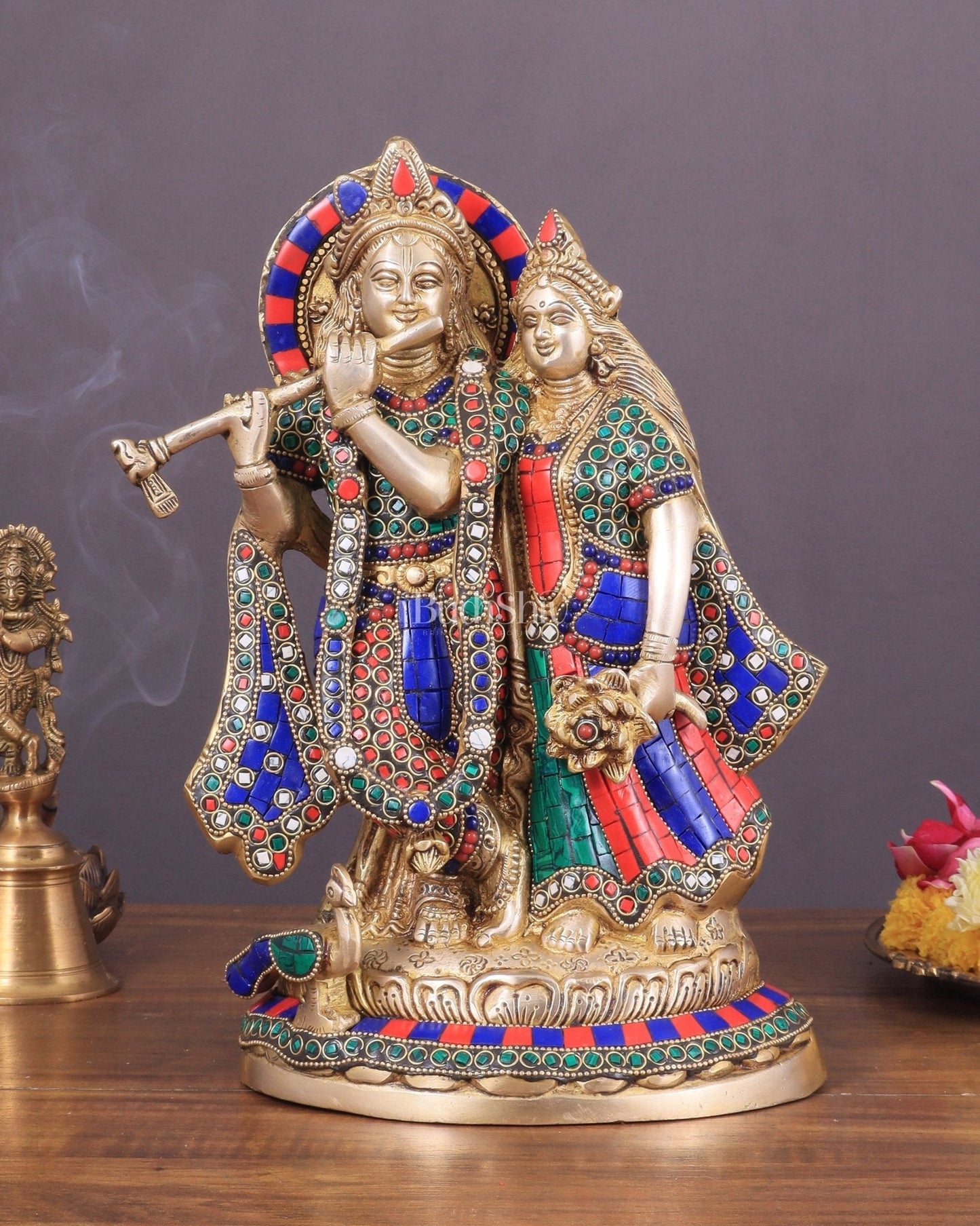 Brass Superfine Radha Krishna together idol - 12 inches with stonework - Sama Homes Idol - Brass Sculpture