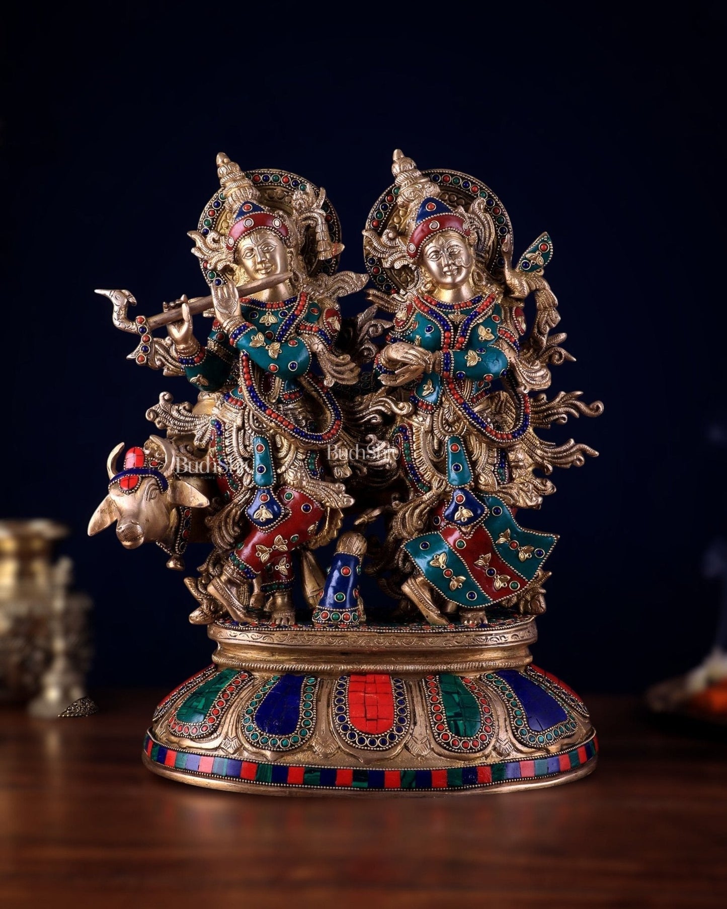 Brass Superfine Radha Krishna with Cow Idol - 16 Inch with stonework - Sama Homes Idol - Brass Sculpture
