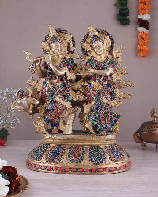 Brass Superfine Radha Krishna with Cow Idol - 16 Inch - Sama Homes Idol - Brass Sculpture