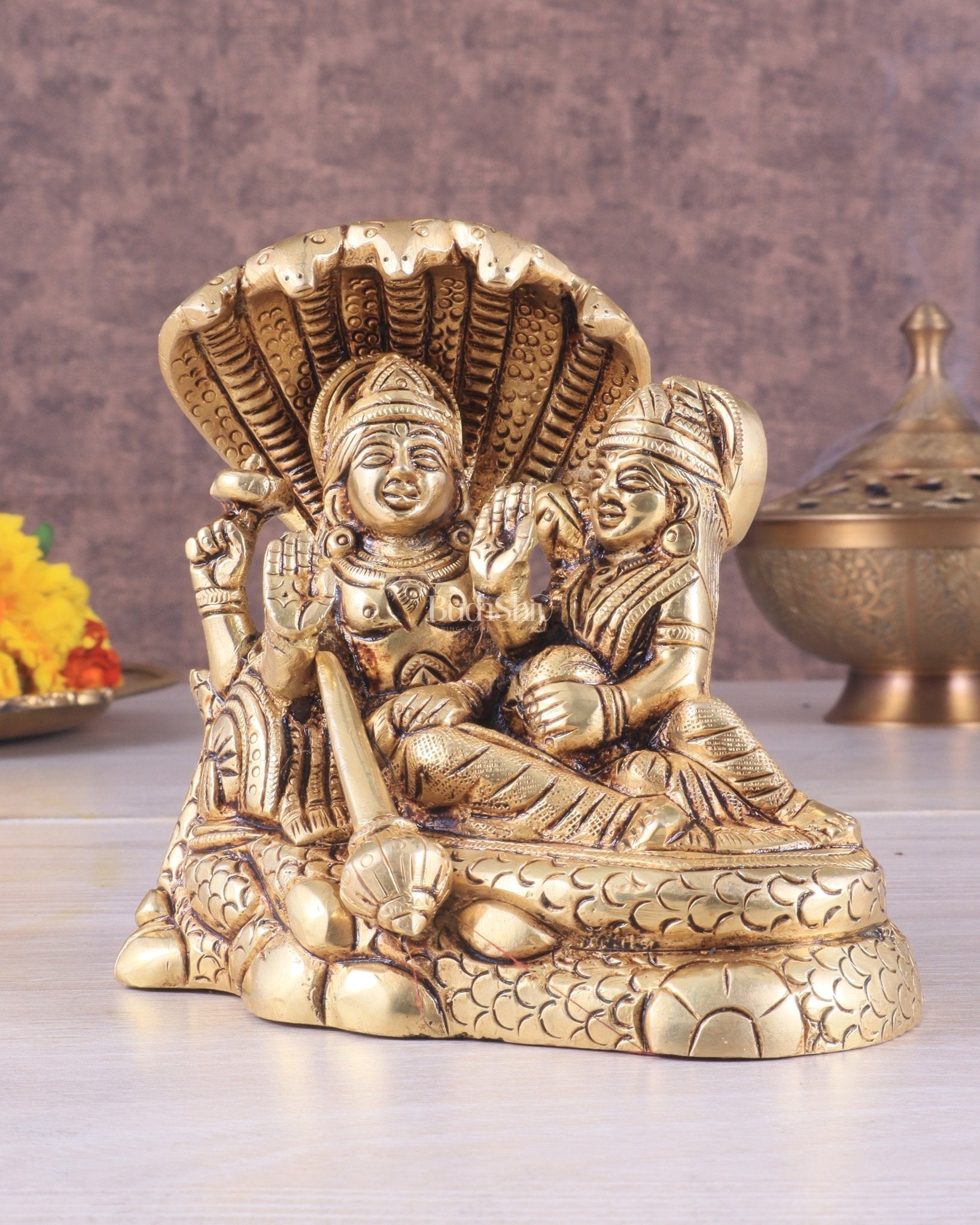 Brass Superfine Resting Lord Vishnu with Lakshmi Idol | Lakshmi Narayan with Sheshnaag - Sama Homes Idol - Brass Sculpture - Eco-friendly - Sama Homes