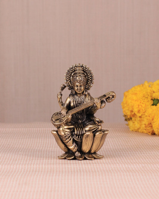 Brass Superfine Saraswati Idol - 4 Inch lotus base - Sama Homes Idol - Brass Sculpture
