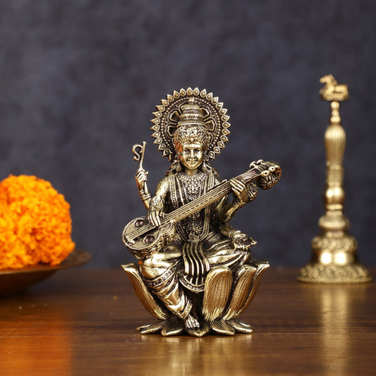 Brass Superfine Saraswati Idol - 4 Inch - Sama Homes Idol - Brass Sculpture