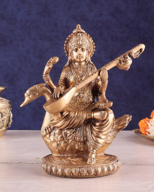 Brass Superfine Saraswati Idol - 8.5 Inch golden hues - Sama Homes Idol - Brass Sculpture