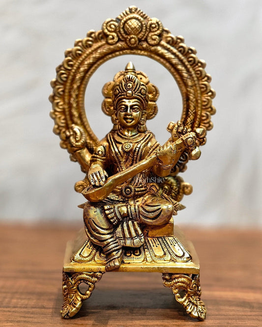 Brass SuperFine Saraswati idol 9.5" - Sama Homes Idol - Brass Sculpture