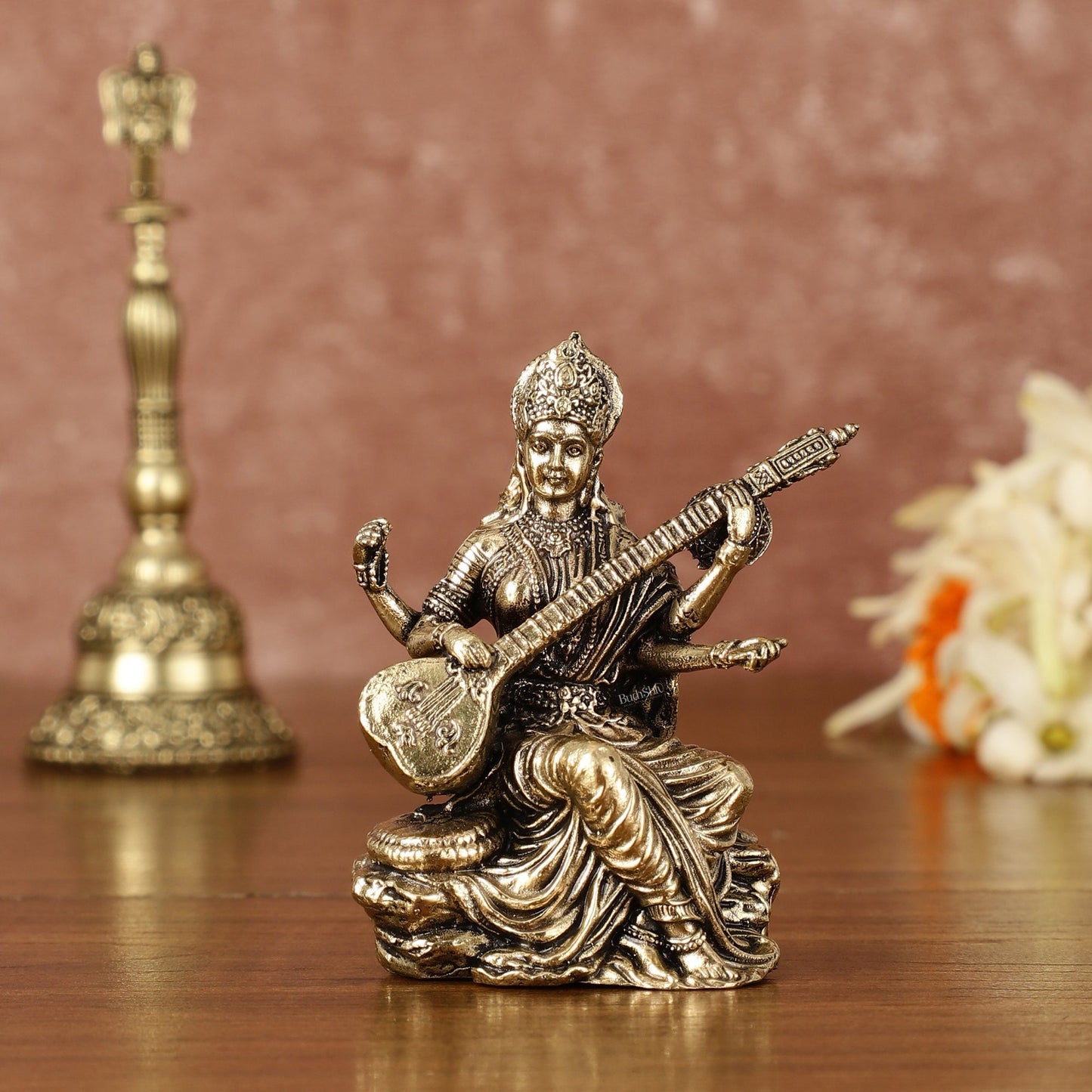 Brass Superfine Saraswati Miniature Idol - 3" Tall - Sama Homes Idol - Brass Sculpture