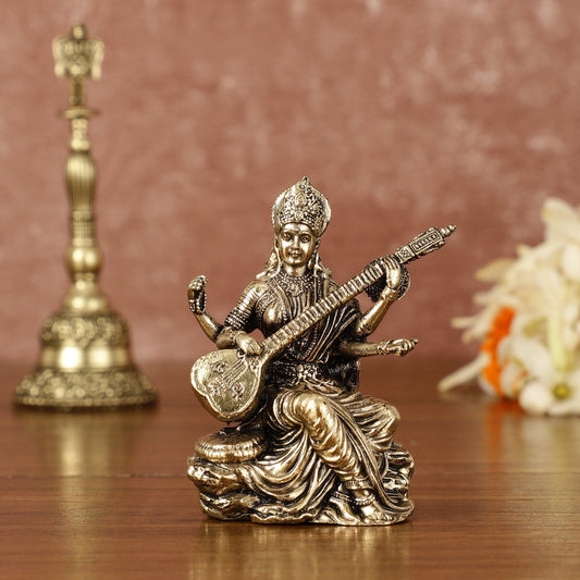 Brass Superfine Saraswati Miniature Idol - 3" Tall - Sama Homes Idol - Brass Sculpture