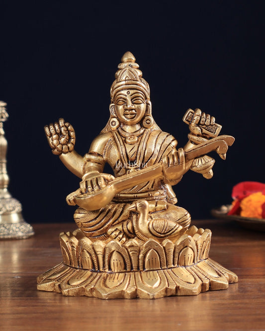 Brass Superfine Saraswati on Lotus Idol | 5.5" Height - Sama Homes Idol - Brass Sculpture