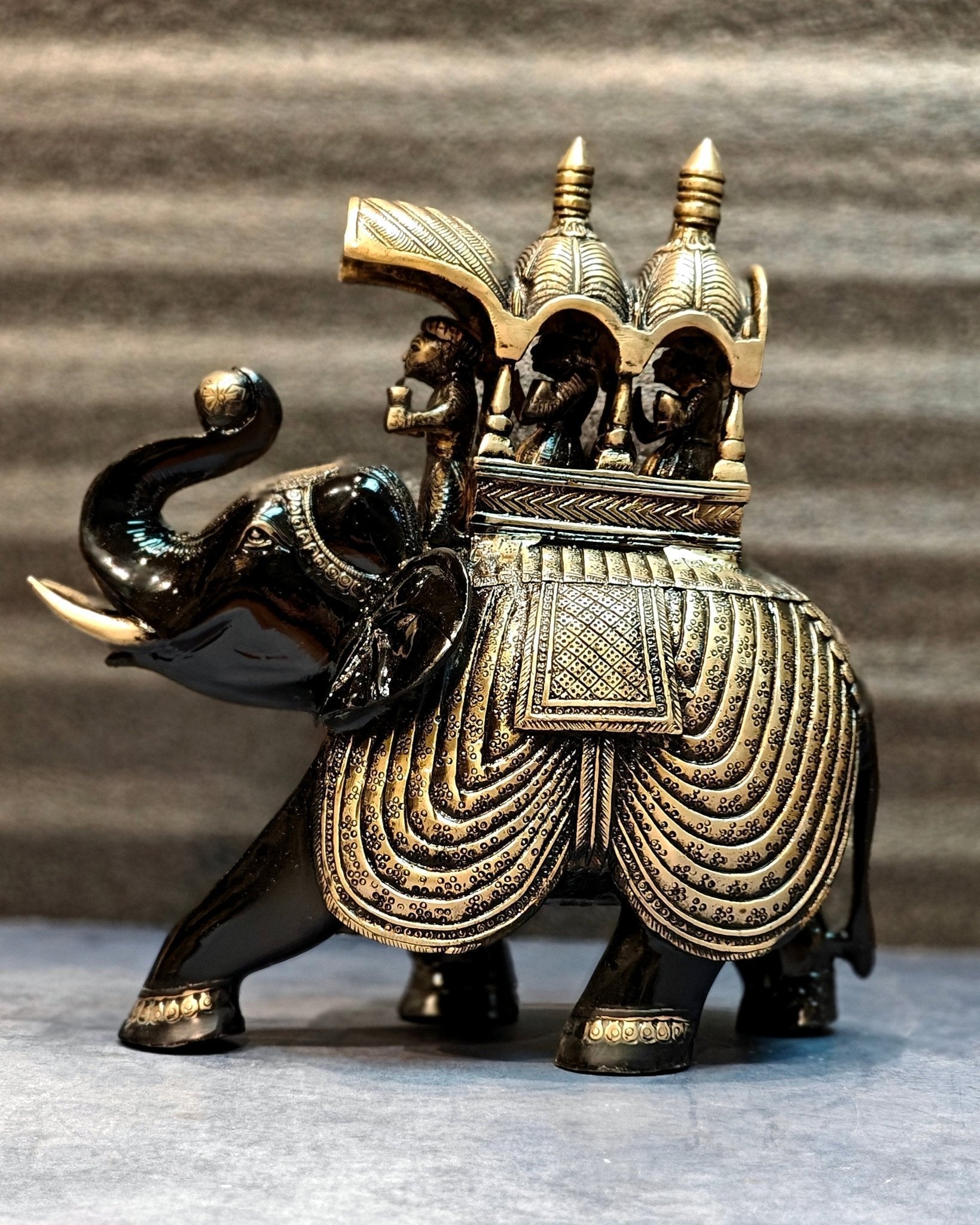 Brass Superfine Shiny Ambari Elephant with trunk up statue 12" - Eco-friendly - Sama Homes