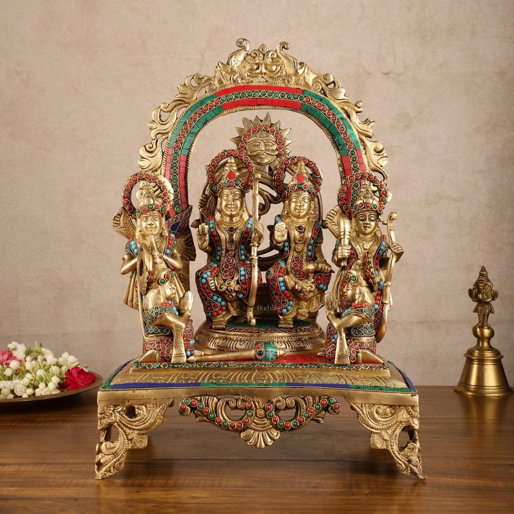 Brass Superfine Shri Ram Darbar Idol with Stonework | 16 inch (Ramapatabhishekam) - Sama Homes Idol - Brass Sculpture - Eco-friendly - Sama Homes