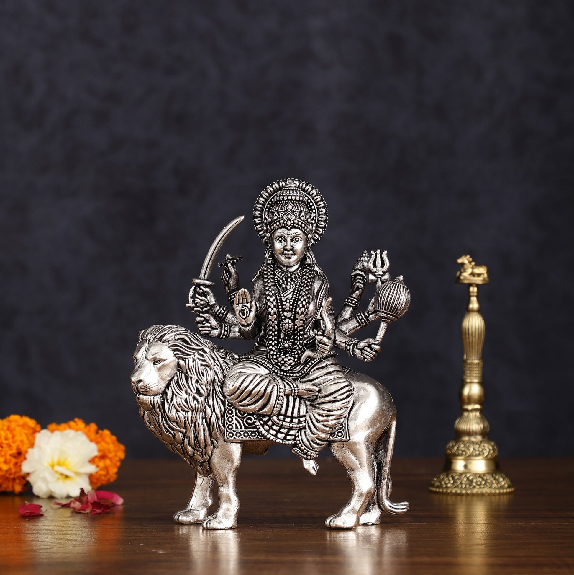 Brass Superfine silver plated Goddess Durga Ambe Mata Sitting on Lion - 6" - Sama Homes Idol - Brass Sculpture - Eco-friendly - Sama Homes