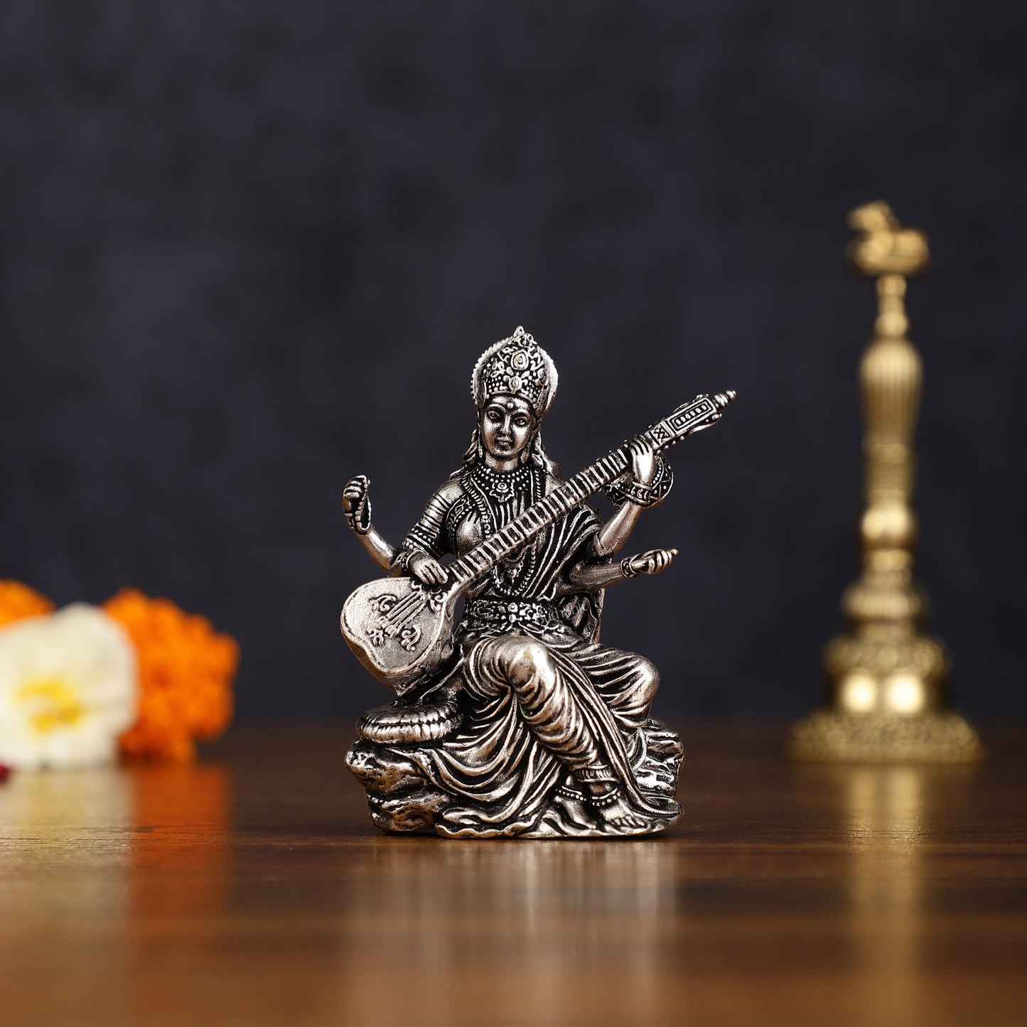 Brass Superfine Silver Plated Saraswati Miniature Idol - 3" Tall - Sama Homes Idol - Brass Sculpture