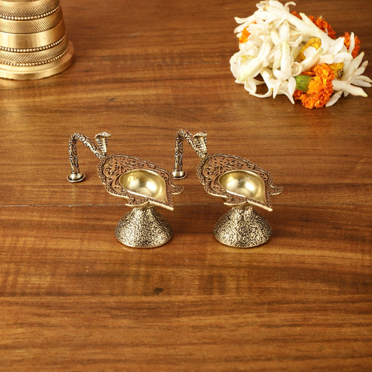Brass Superfine Small Aarti Diya with Handles Pair | 1.5 Inch Height - Sama Homes Idol - Brass Sculpture