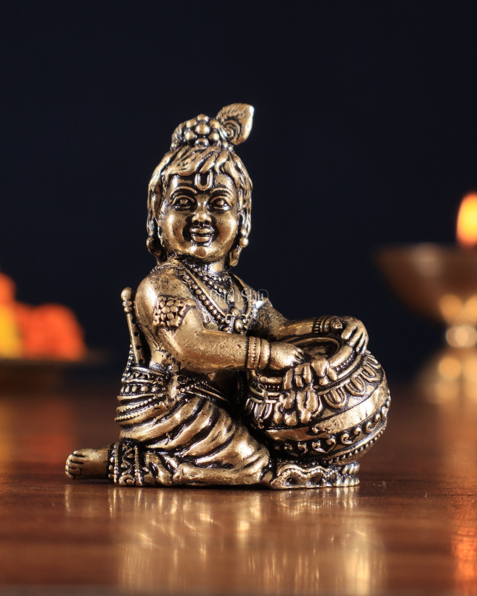 Brass Superfine Small Matki Krishna Makhanchor Idol Miniature | 2.7" - Sama Homes Idol - Brass Sculpture - Eco-friendly - Sama Homes