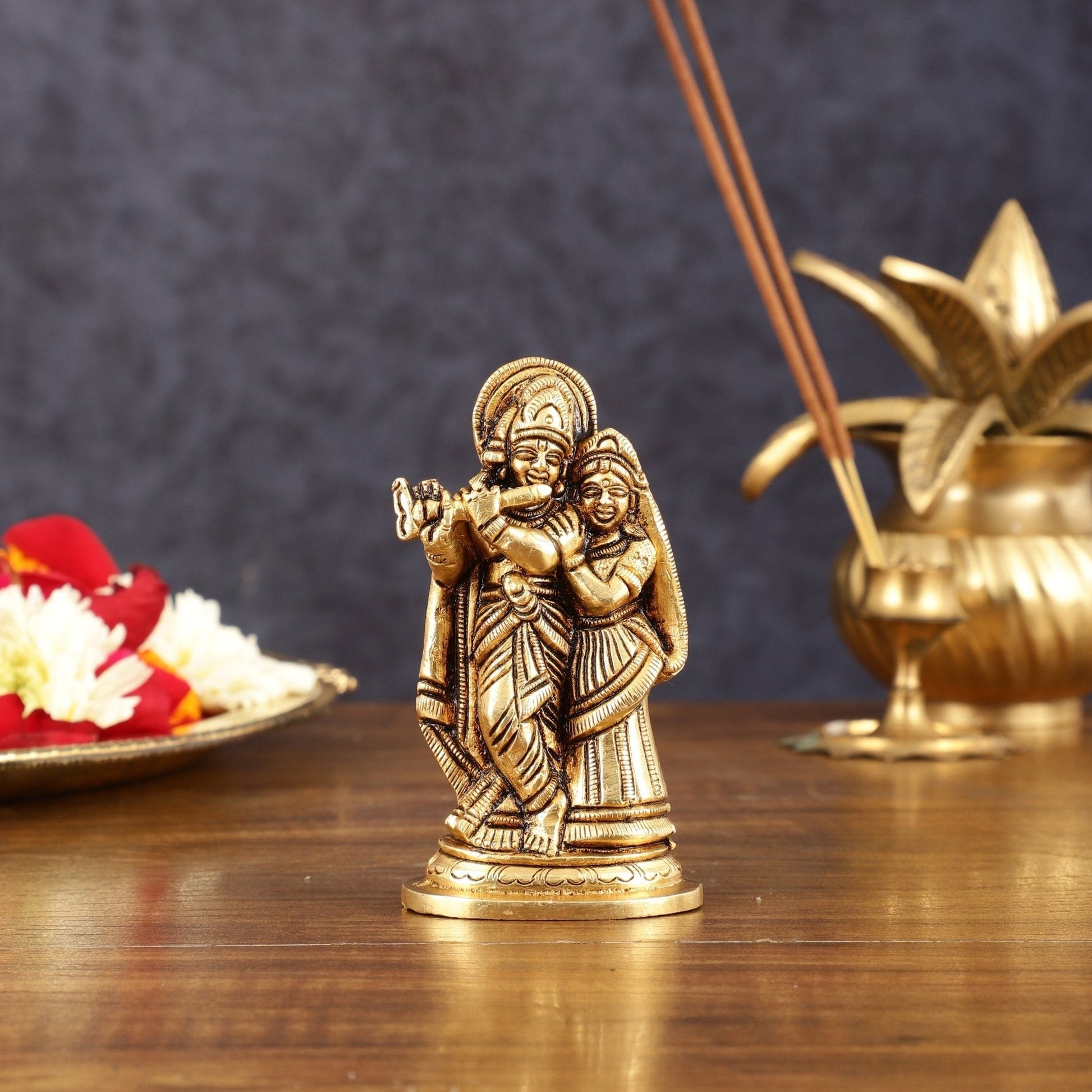 Brass Superfine Small Radha Krishna Together Idol - 4" Height - Sama Homes Idol - Brass Sculpture - Eco-friendly - Sama Homes