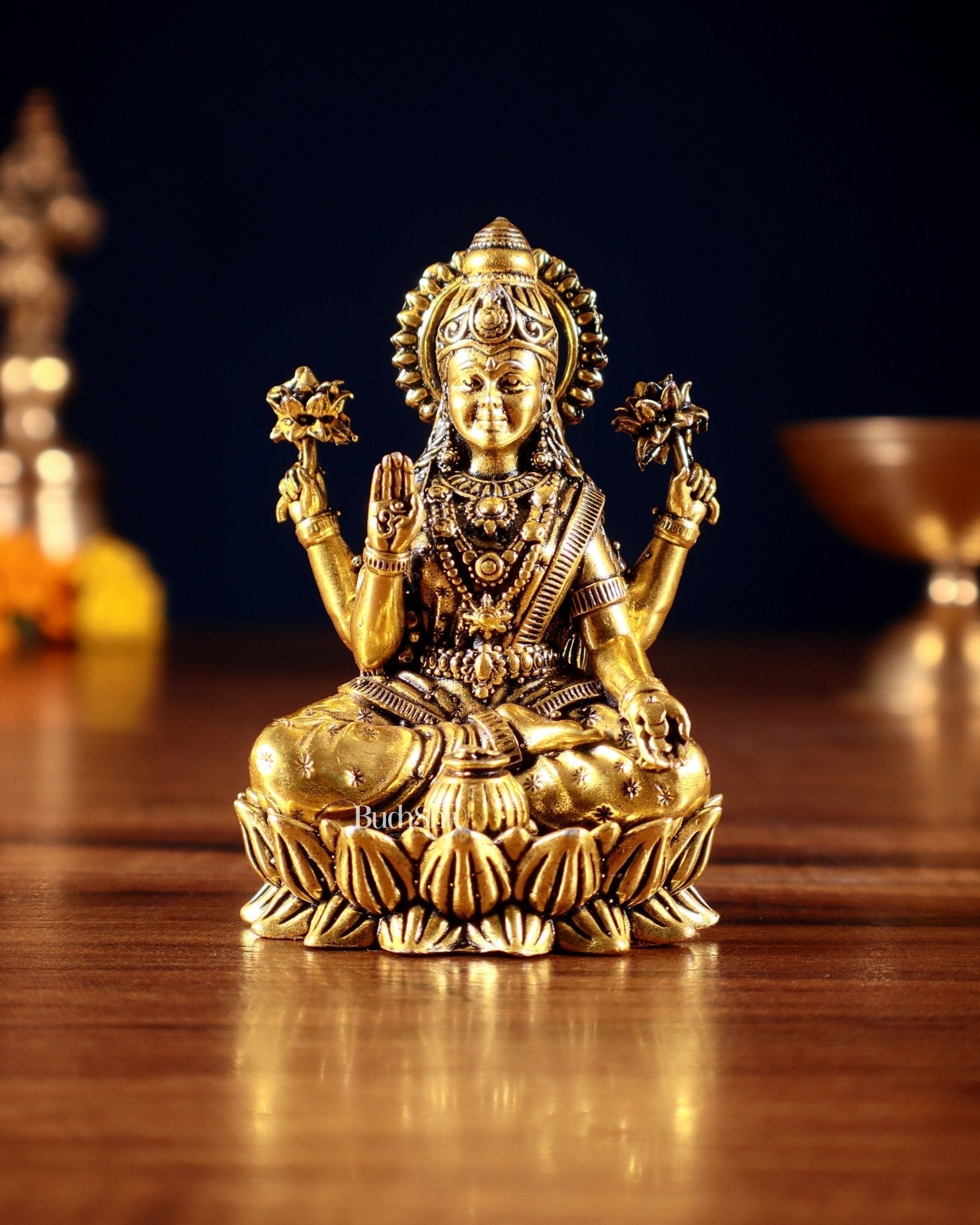Brass Superfine Smiling Goddess Lakshmi Idol – Golden Tone - Sama Homes Idol - Brass Sculpture - Eco-friendly - Sama Homes