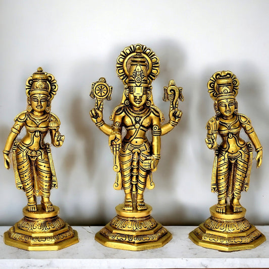 Brass superfine Tirupati Balaji with Bhoodevi and Sridevi 10.5" - Sama Homes Idol - Brass Sculpture
