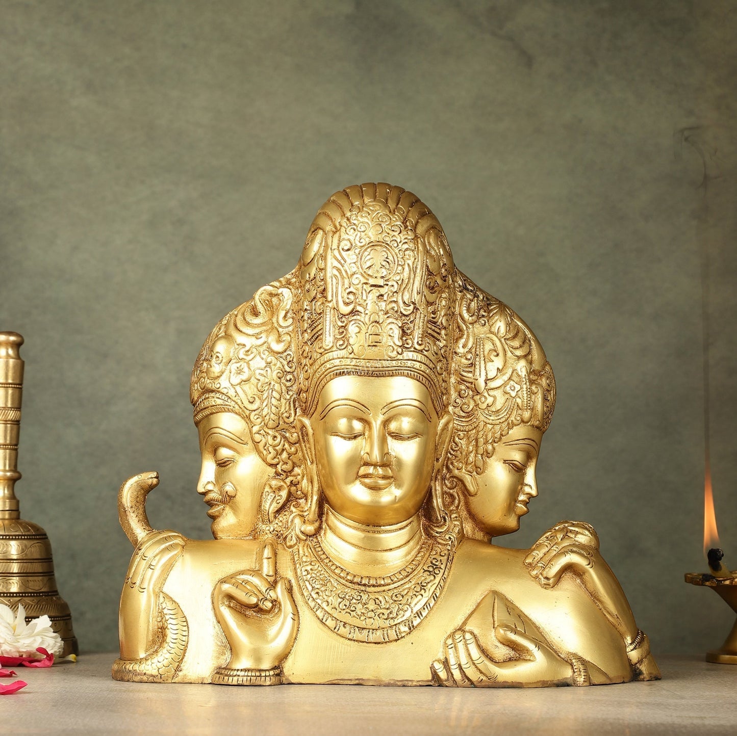 Brass Superfine trimurti Brahma, Vishnu, Mahesh Bust table accent - 9.5 Inch - Sama Homes Idol - Brass Sculpture