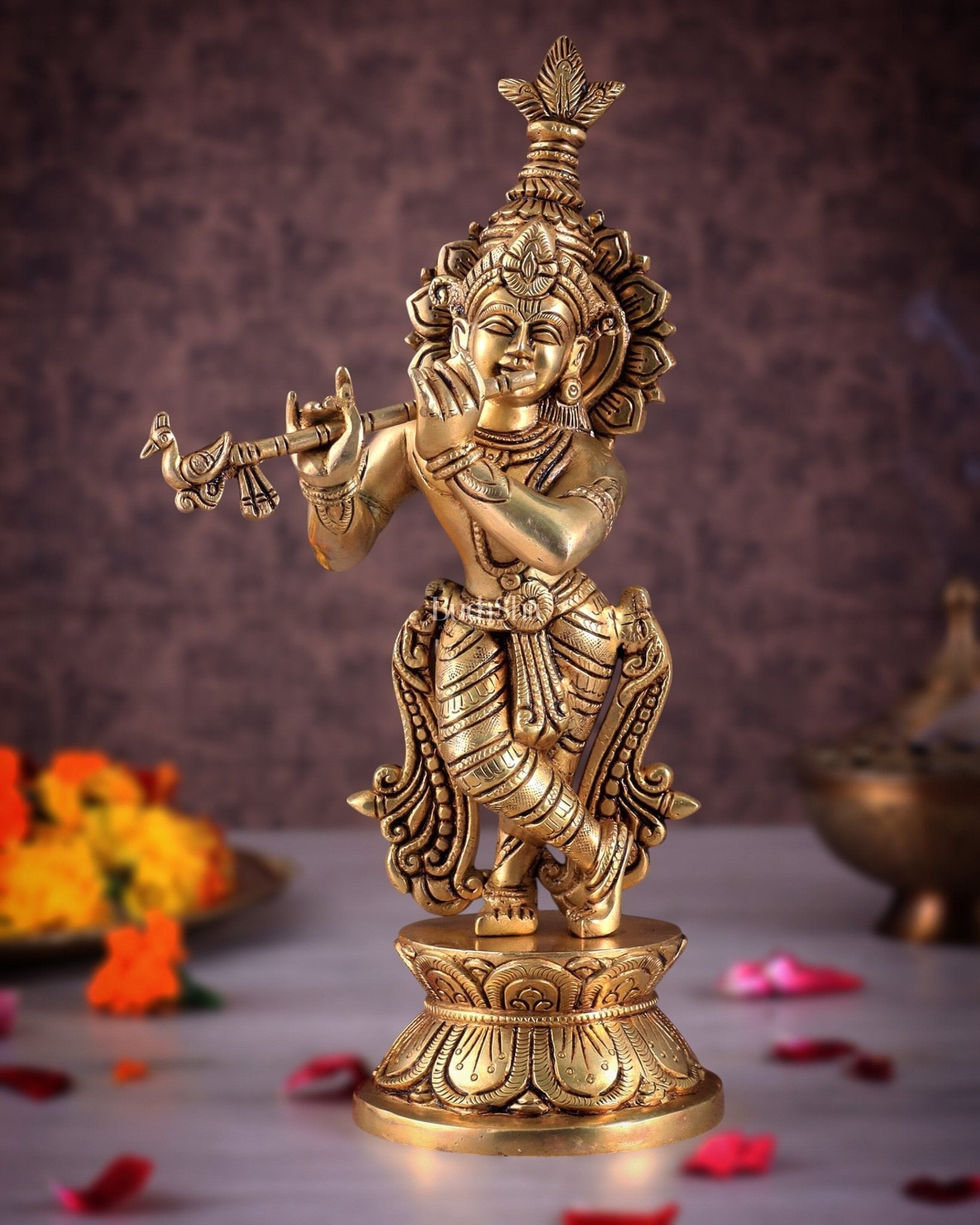 Brass Superfine Unique Lord Krishna Playing the Flute Idol 12" - Sama Homes Idol - Brass Sculpture - Eco-friendly - Sama Homes
