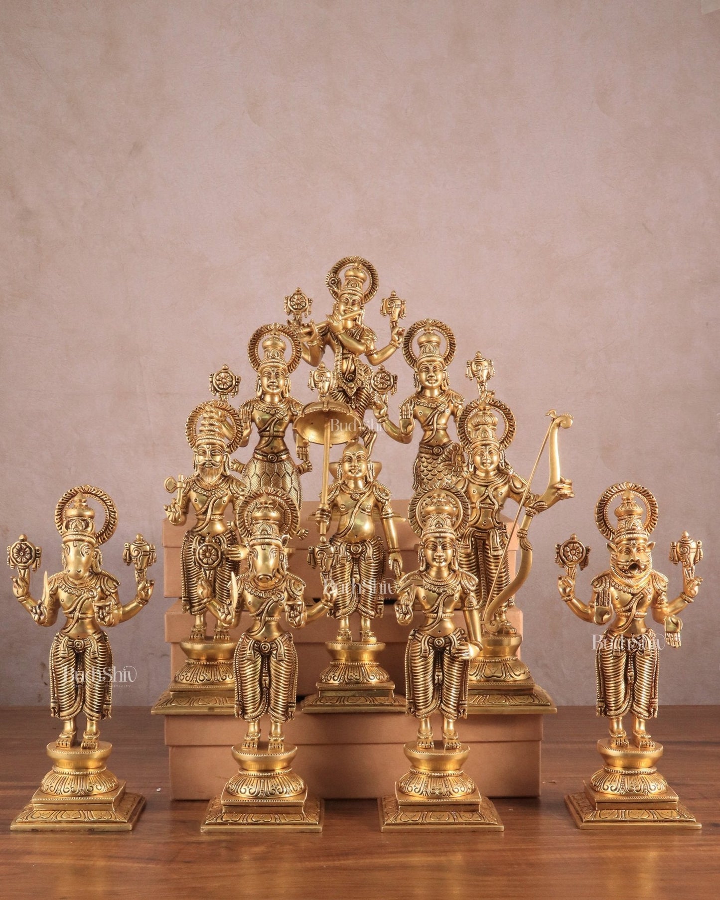 Brass Superfine Vishnu Dashavatar Set - 12 Inch Height - Sama Homes Idol - Brass Sculpture