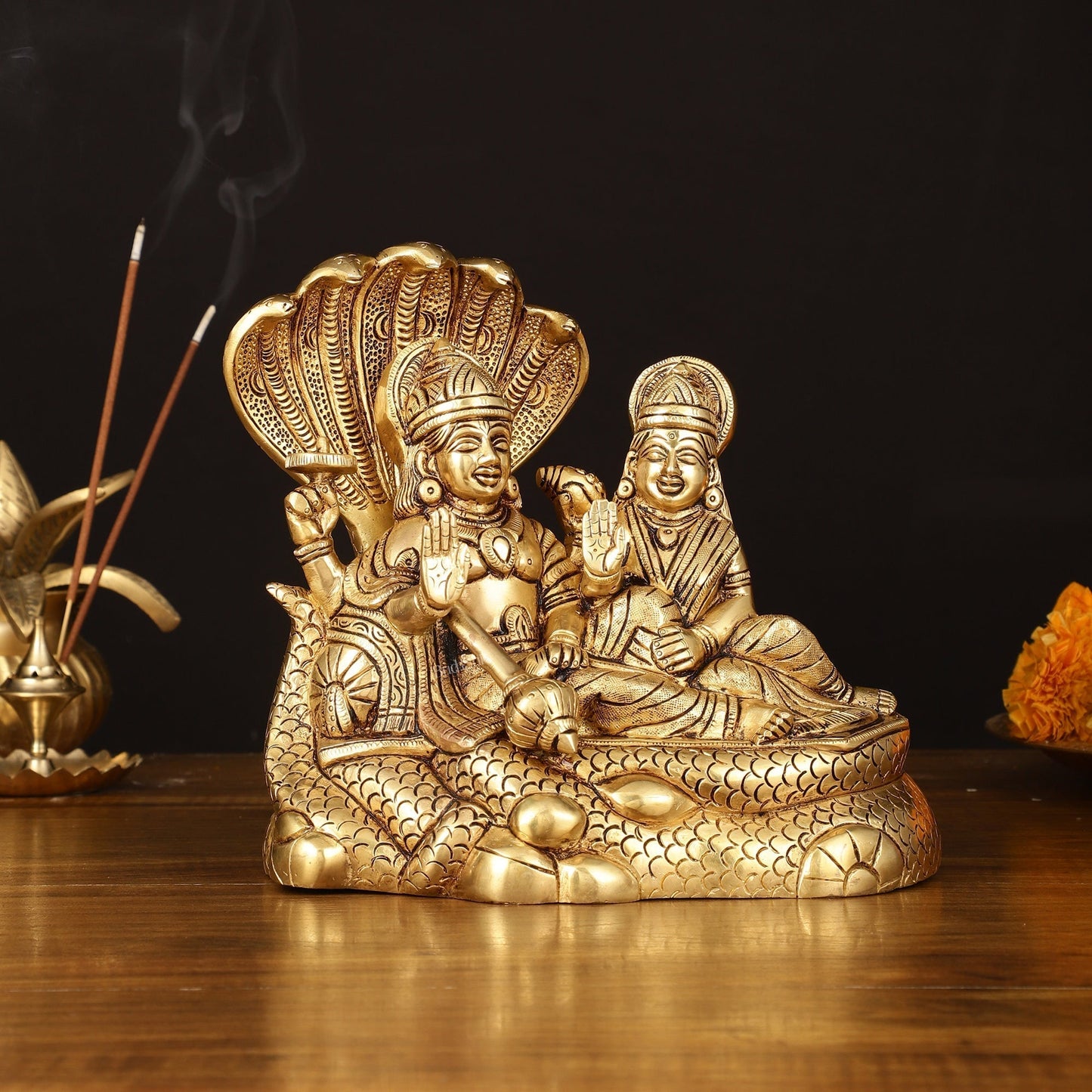 Brass Superfine Vishnu Lakshmi on Sheshanaag Idol - 7.5" Height - Sama Homes Idol - Brass Sculpture
