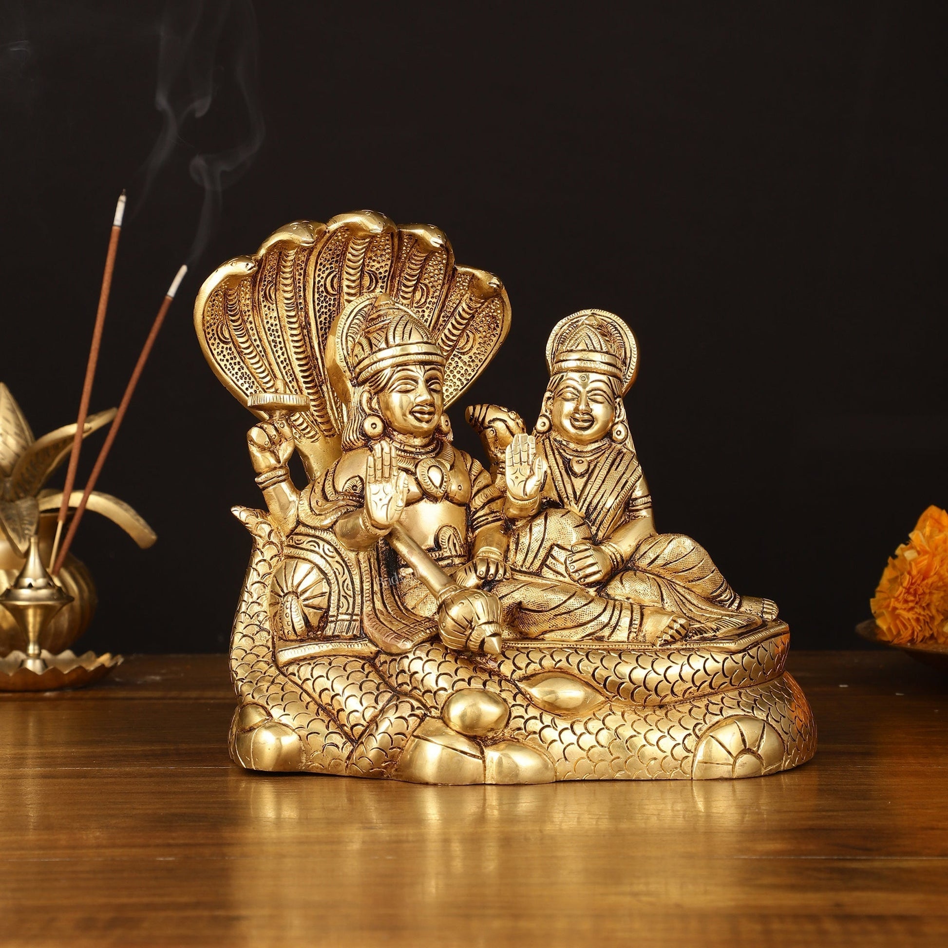 Brass Superfine Vishnu Lakshmi on Sheshanaag Idol - 7.5" Height - Sama Homes Idol - Brass Sculpture - Eco-friendly - Sama Homes