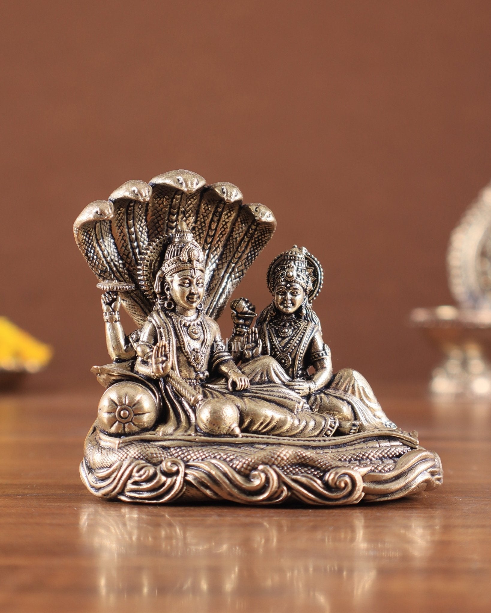 Brass Superfine Vishnu Lakshmi Resting on Sheshanaag Idol – Exquisite Intricate Detailing - Sama Homes Idol - Brass Sculpture - Eco-friendly - Sama Homes