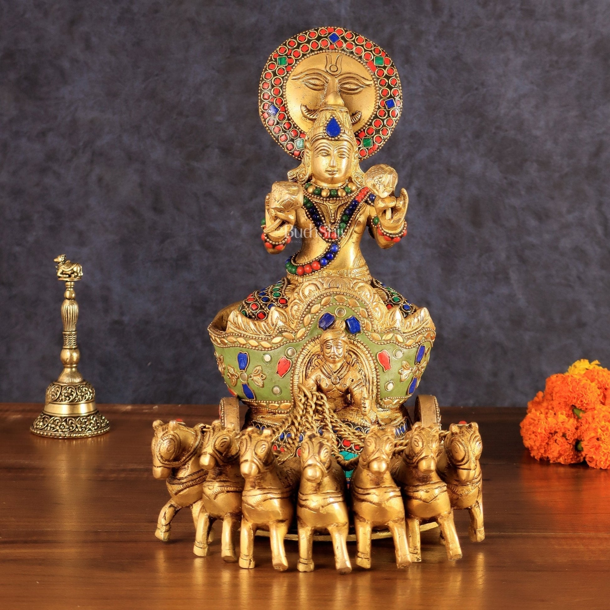 Brass Surya Rath Chariot - 12" with stonework - Eco-friendly - Sama Homes