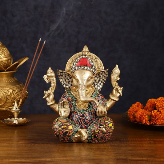 Brass Taj Ganesha Idol with Stonework - 8" Height, Divine Artistry - Sama Homes Idol - Brass Sculpture