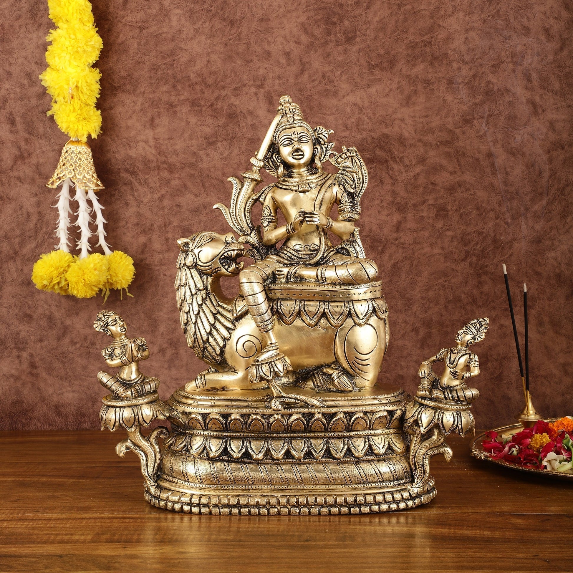 Brass Tara Devi Seated on a Lion Idol - Buddhist sculpture 16" | rare find - Sama Homes Idol - Brass Sculpture - Eco-friendly - Sama Homes