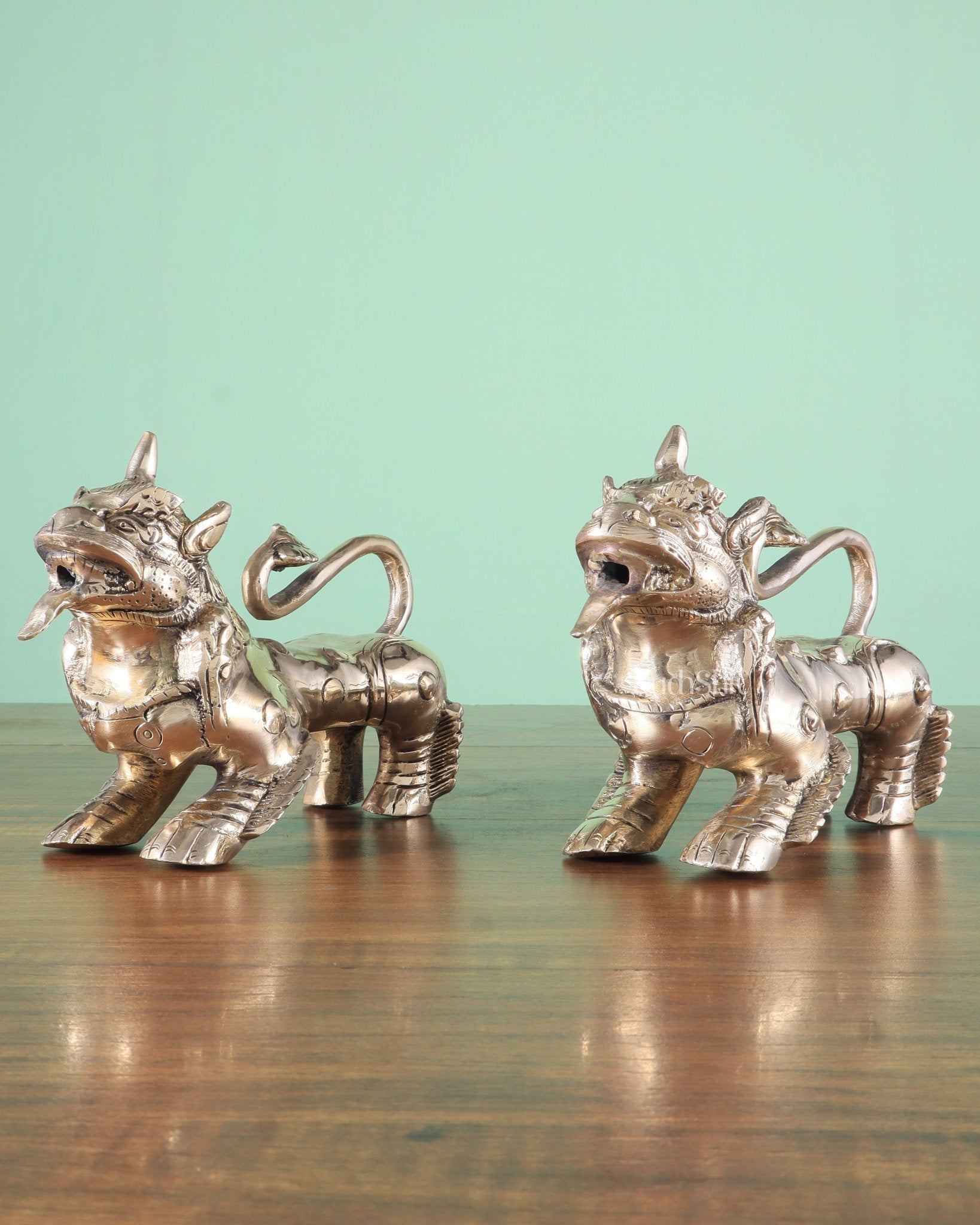 Brass Tibetan Foo Dogs Statue - Glossy Tone (Pair) - Eco-friendly - Sama Homes