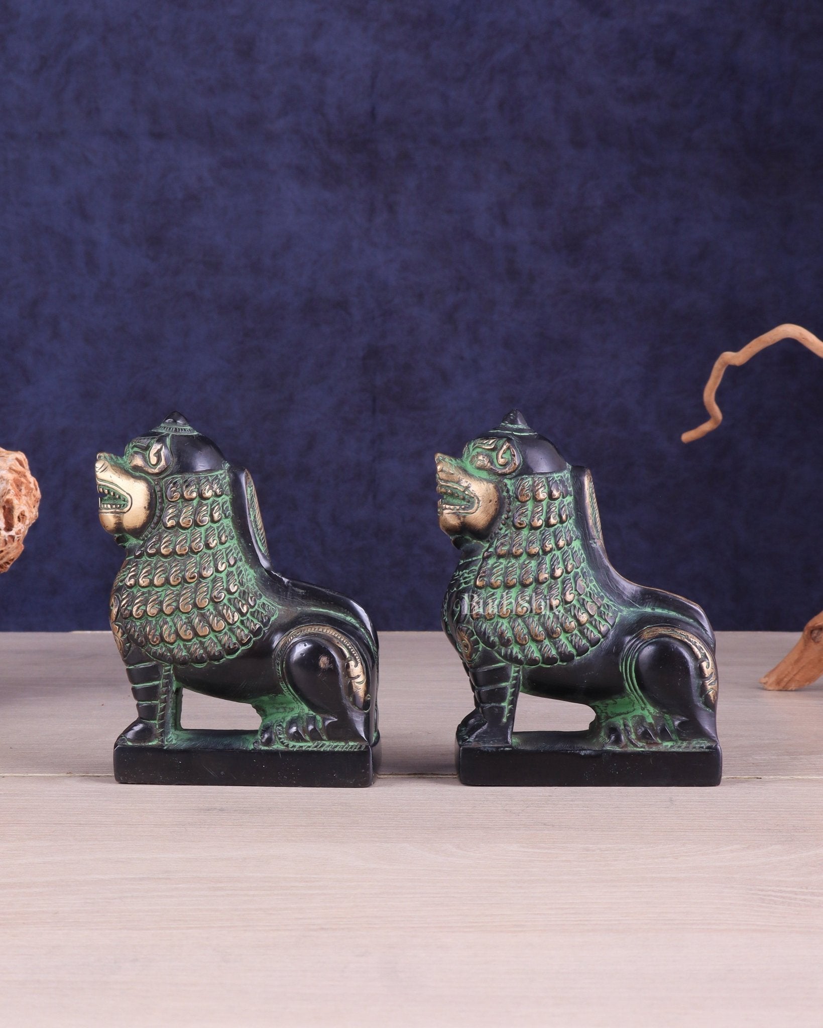 Brass Tibetan Snow Lion Pair – Antique Black & Green Finish - Sama Homes Idol - Brass Sculpture - Eco-friendly - Sama Homes