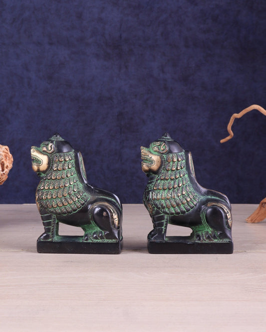 Brass Tibetan Snow Lion Pair – Antique Black & Green Finish - Sama Homes Idol - Brass Sculpture