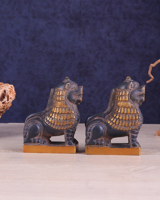 Brass Tibetan Snow Lion Pair – vintage Brass patina - Sama Homes Idol - Brass Sculpture