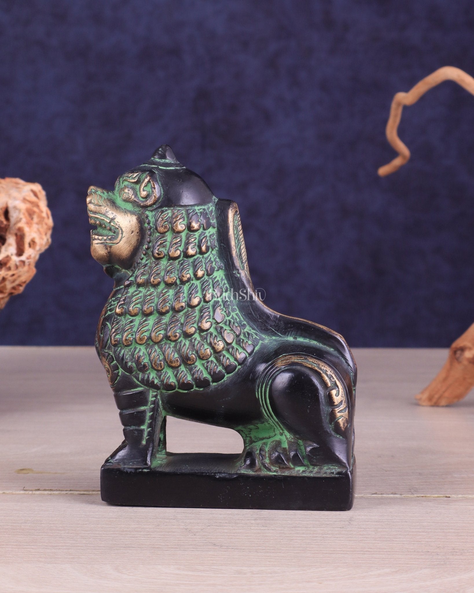 Brass Tibetan Snow Lion Showpiece – black and green tone - Sama Homes Idol - Brass Sculpture - Eco-friendly - Sama Homes