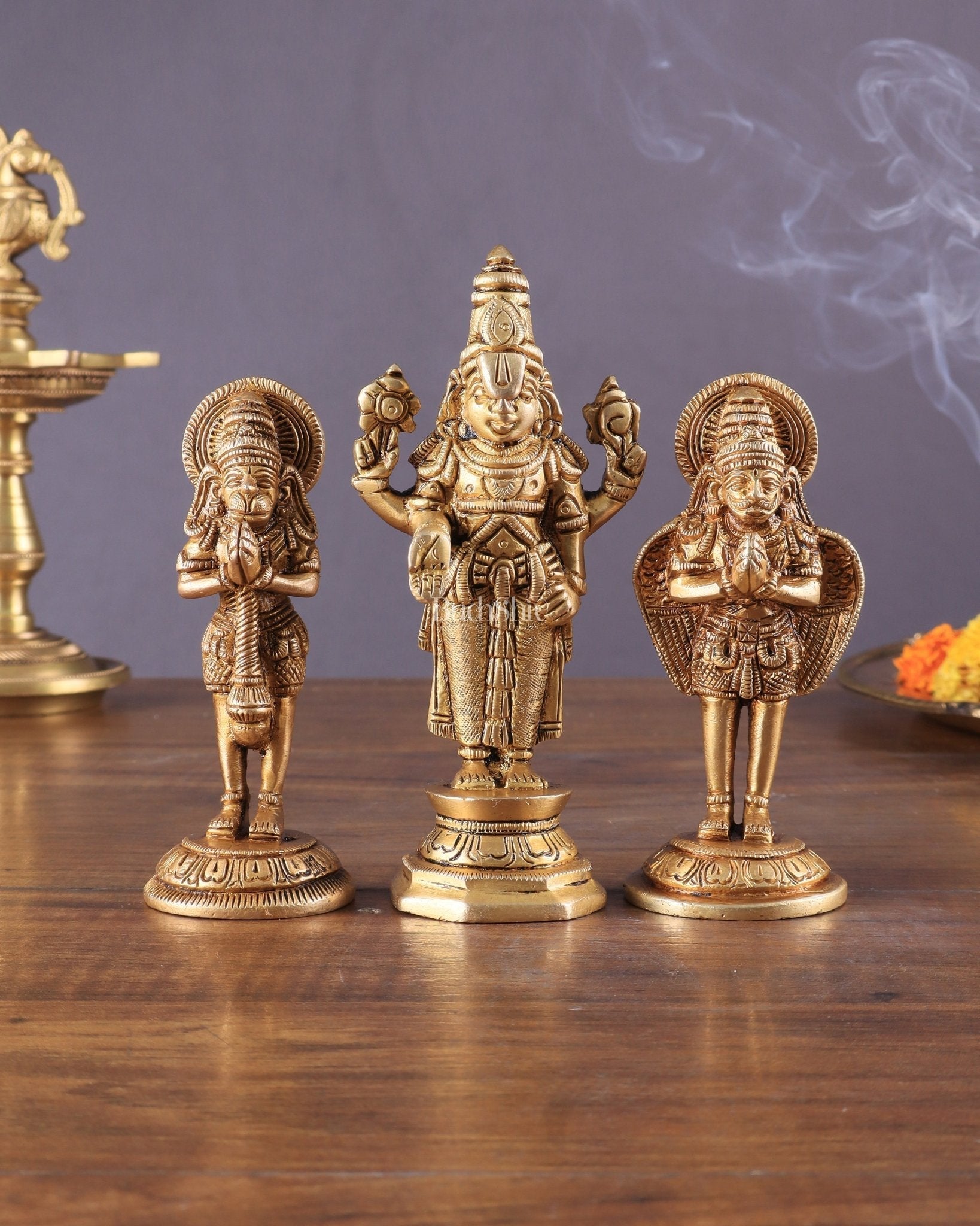 Brass Tirupati Balaji, Garuda, and Hanuman Trio – Divine Idols Set 5.5" - Sama Homes Idol - Brass Sculpture - Eco-friendly - Sama Homes