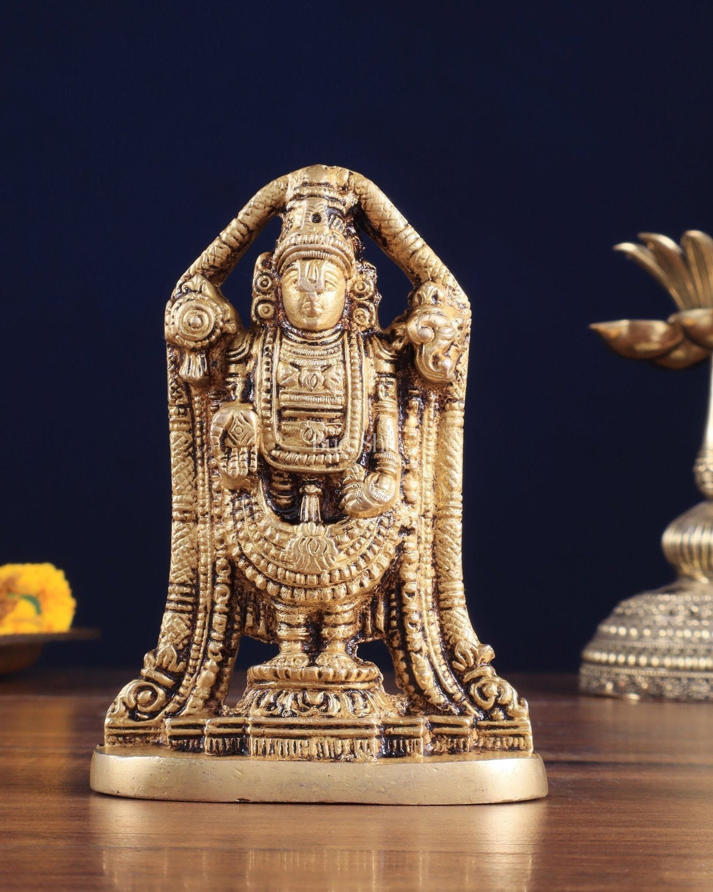 Brass Tirupati Balaji Lord Venkateshwara Idol – 5" x 3.5" x 2" | Finely Carved Divine Statue - Sama Homes Idol - Brass Sculpture