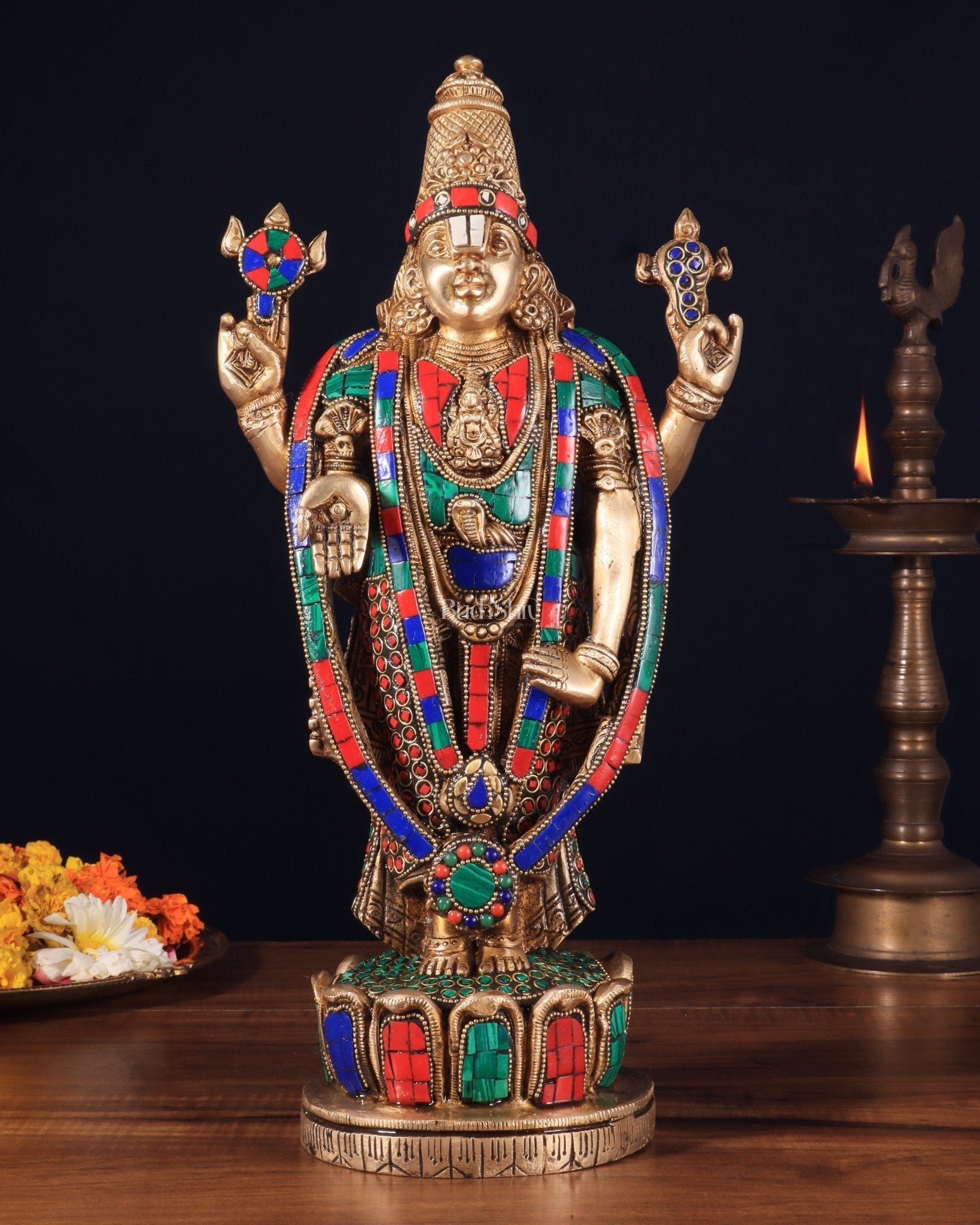 Brass Tirupati Balaji Lord Venkateshwara Swamy Statue - 16 Inch with stonework - Sama Homes Idol - Brass Sculpture - Eco-friendly - Sama Homes