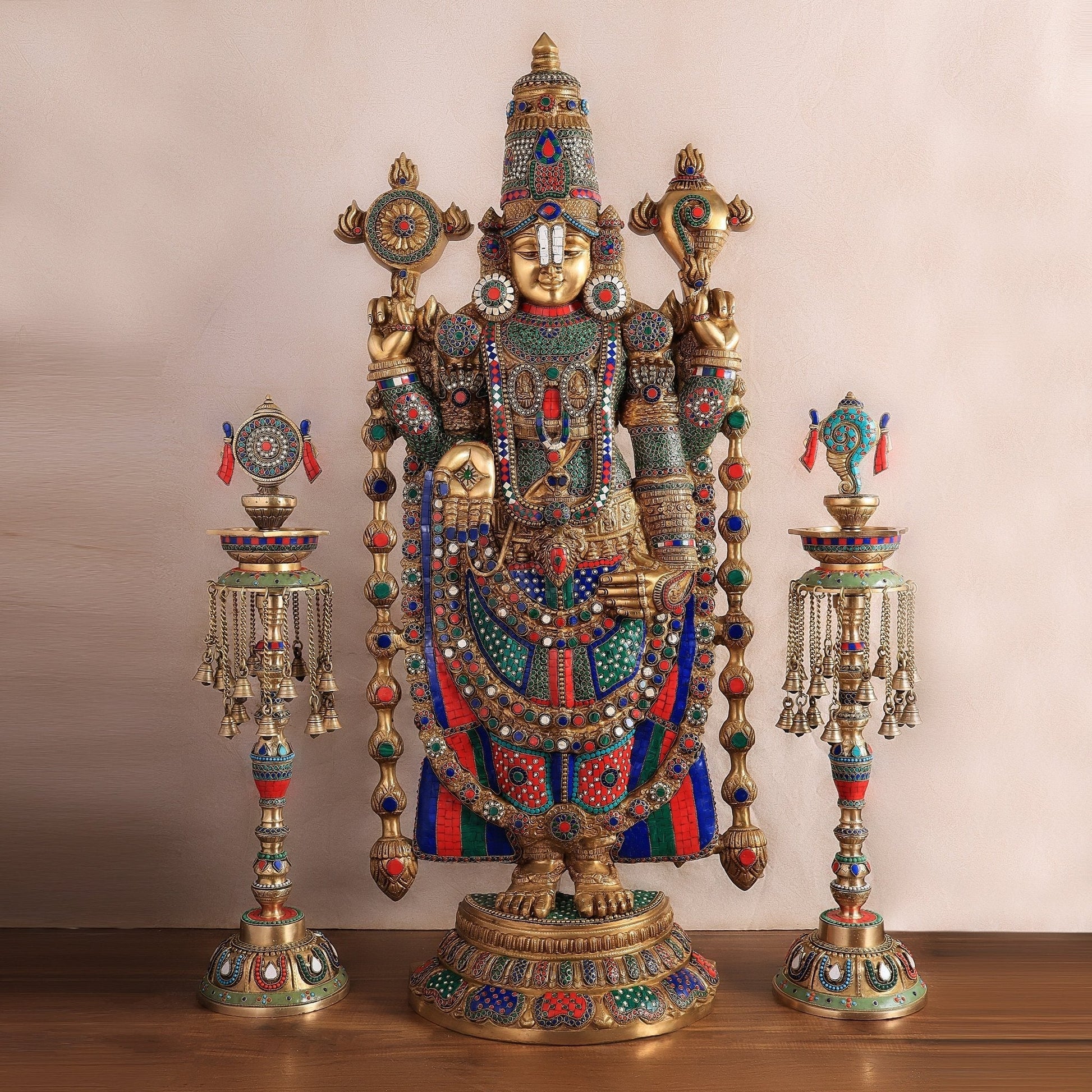 Brass Tirupati Balaji Set with Meenakari Stonework - 48" Statue & 30" Diyas - Sama Homes Idol - Brass Sculpture - Eco-friendly - Sama Homes