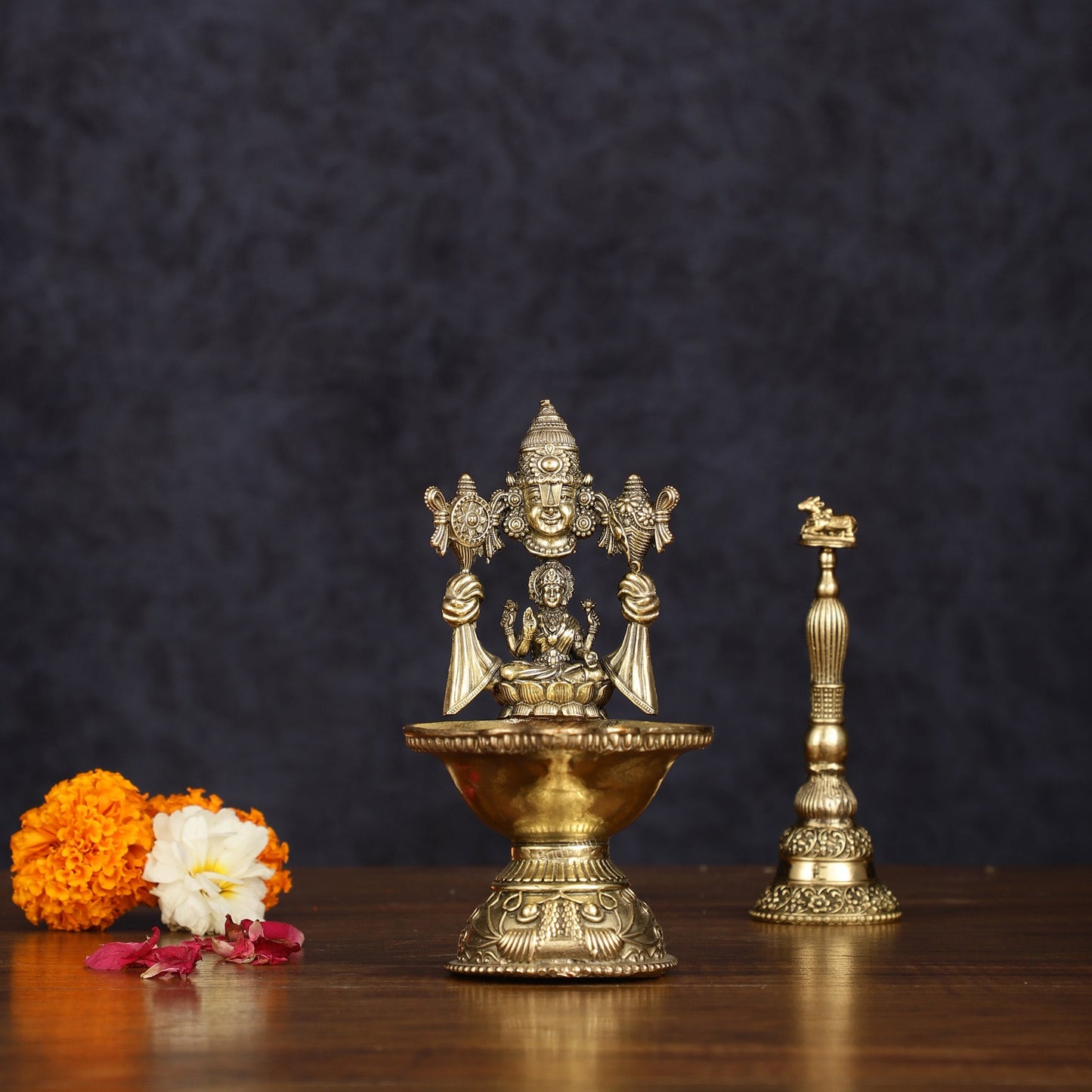 Brass Tirupati Balaji with Lakshmi Diya Oil Lamp 5.5 inch - Sama Homes Idol - Brass Sculpture