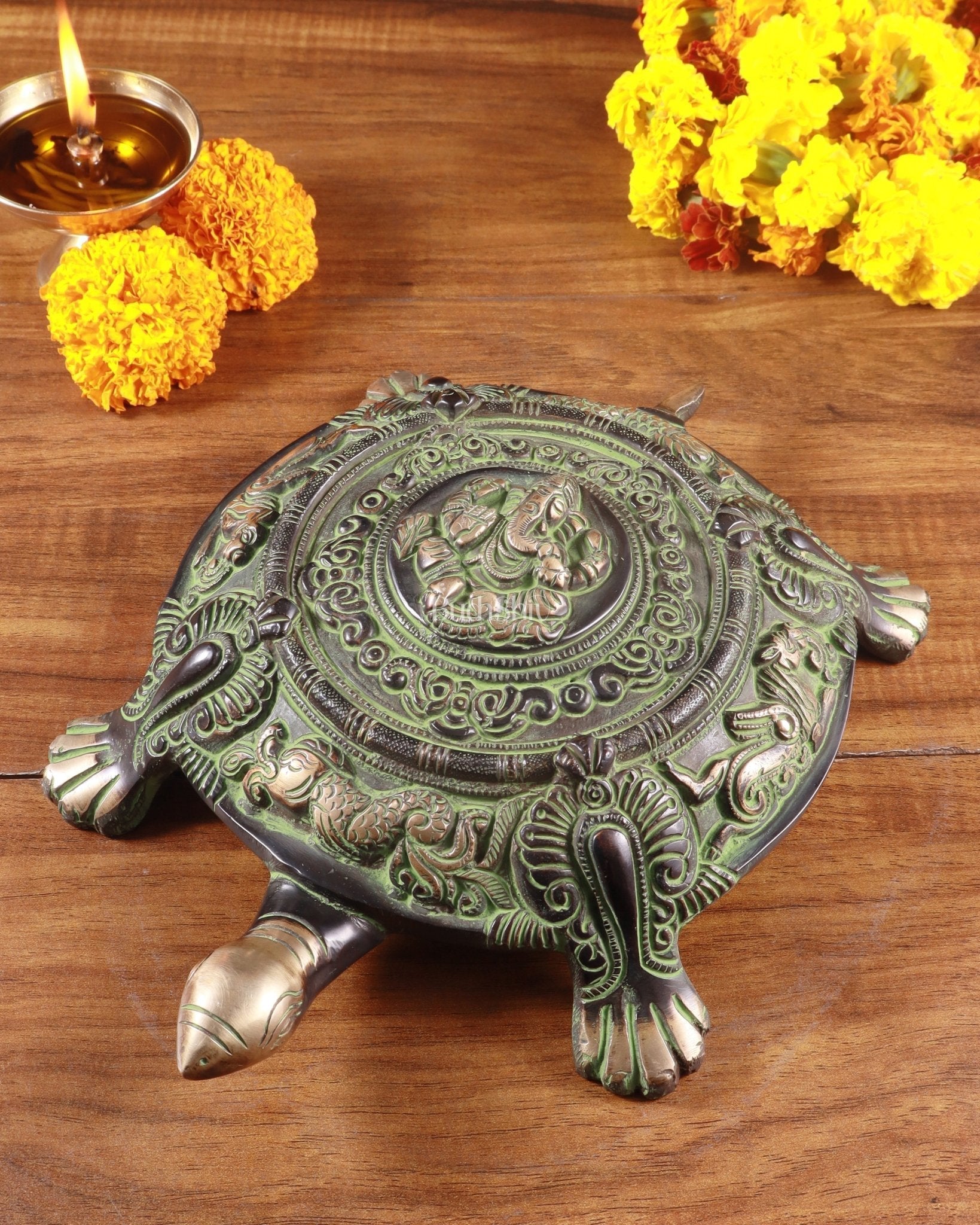 Brass Tortoise with Ganesha engraved black green tone - Sama Homes Idol - Brass Sculpture - Eco-friendly - Sama Homes