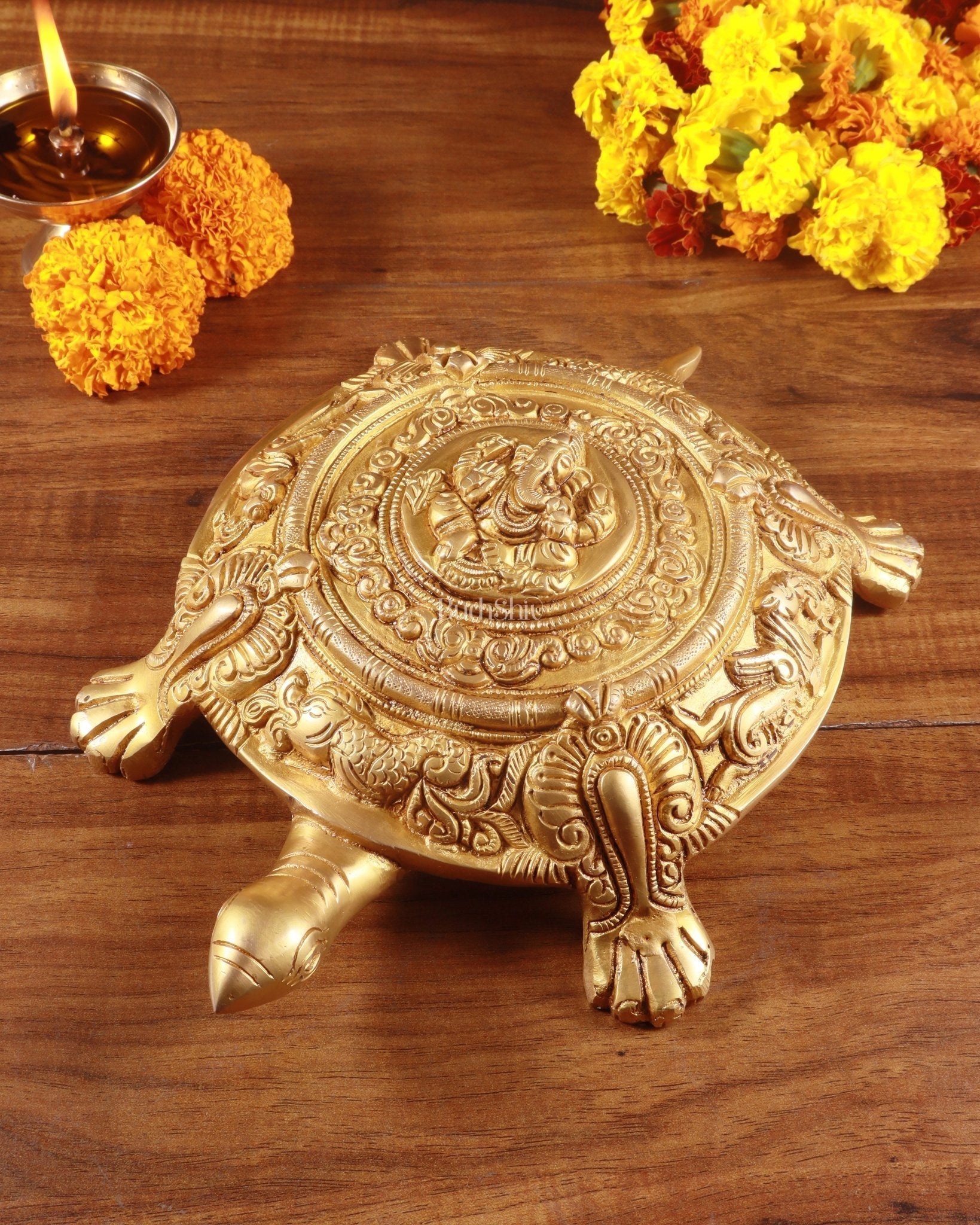 Brass Tortoise with Ganesha engraved vastu approved - Sama Homes Idol - Brass Sculpture - Eco-friendly - Sama Homes